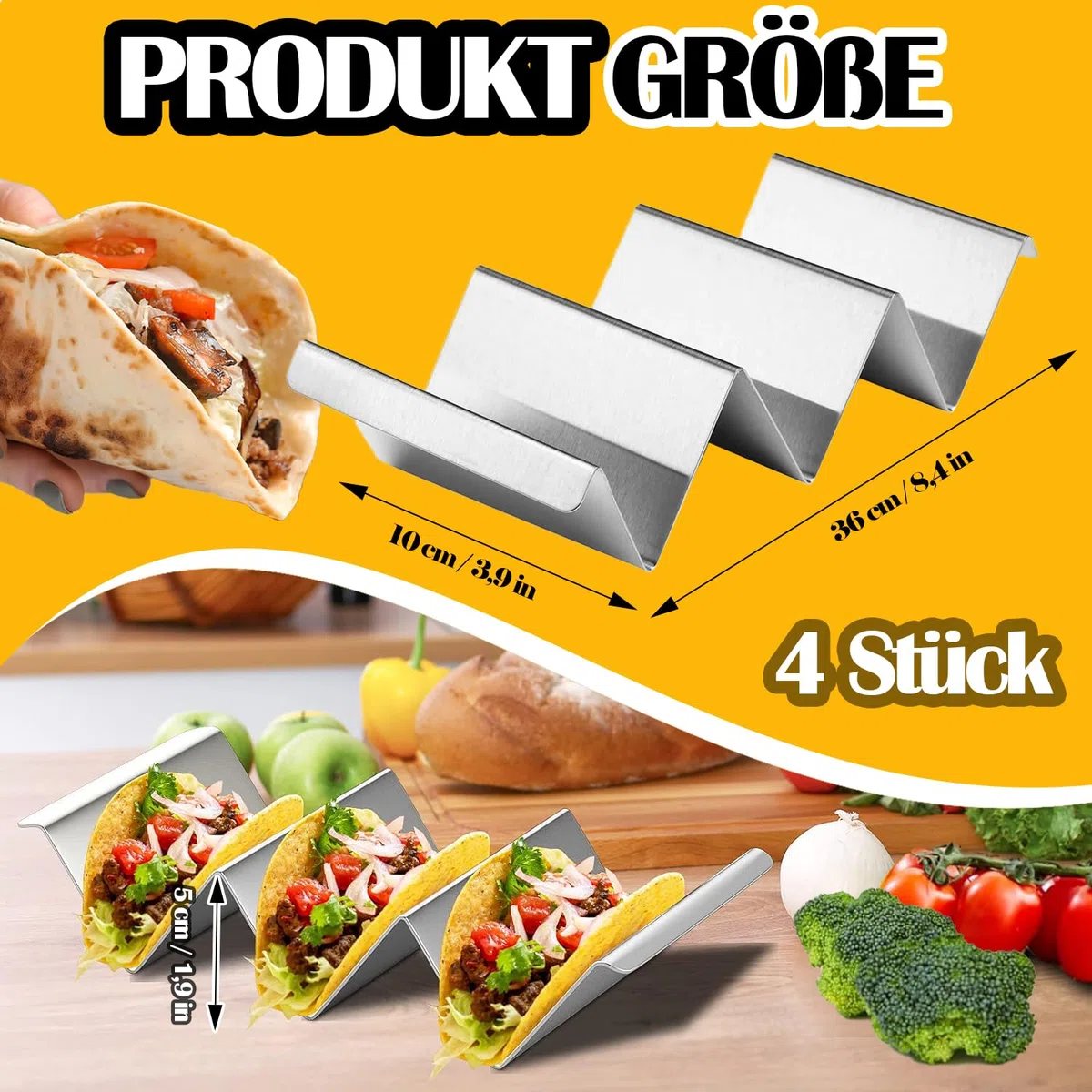 4 Soporte para Tacos, Soportes para Tacos de Acero Inoxidable con Asas Incorporadas, Bandeja para Taco Burritos Tapas, Sujetar Tacos, Bocadillos, Perritos Calientes y Tortitas Seguro Horno y Parrilla