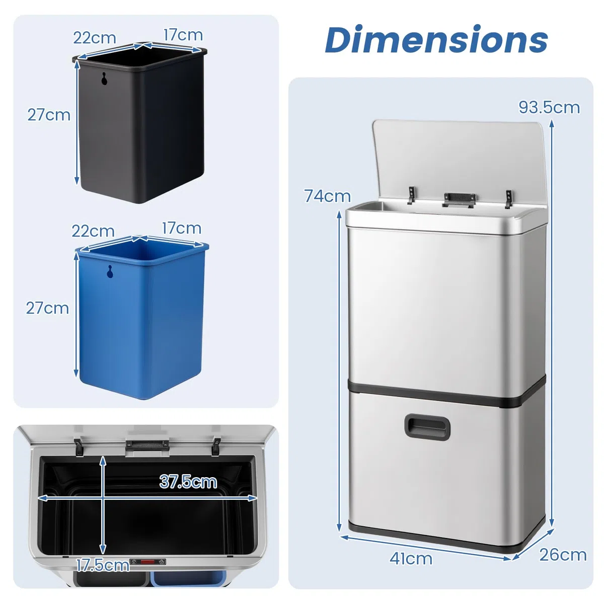 GIANTEX Cubo de Basura de Cocina 56 L con 3 Compartimentos, Papelera de Acero Inoxible con Sensor de Movimiento, Control Táctil, 2 Cubos Extraíbles y Tapa Abatible, Basurero de Reciclaje (Plata)