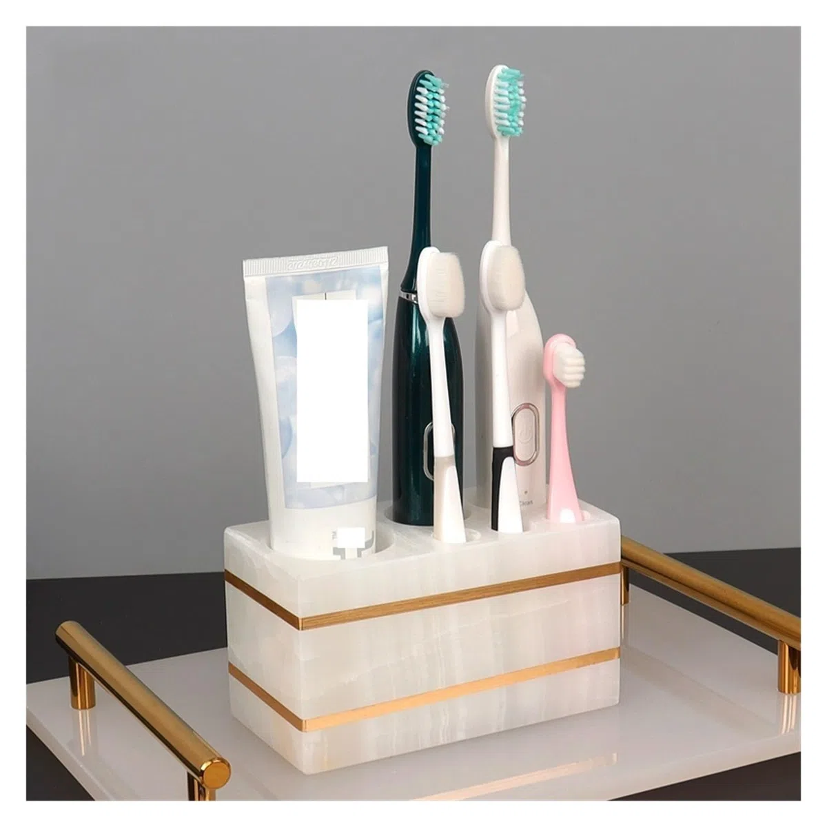 Set Dispensador Jabon Baño Accesorios de baño de mármol natural blanco, dispensador de jabón dorado de lujo, soporte for cepillo de dientes, juego de bandeja for jabonera for baño(Cotton swab can B)