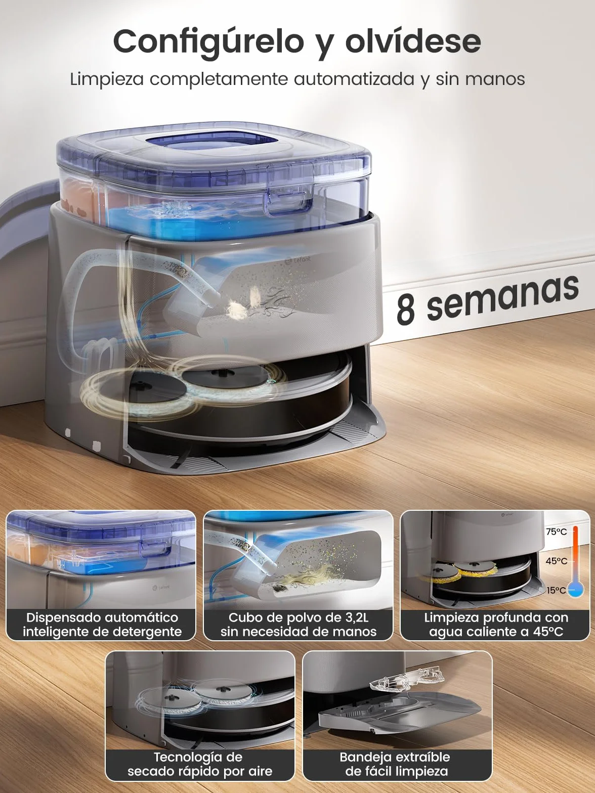 LEFANT M3 Max Robot Aspirador y Fregasuelos, Todo-en-Uno 20000 Pa, 210min, Auto-Lavado/Secado Mopa, Auto-Vaciado 3,2L, dToF Navegación Láser, Evita Obstáculos, WiFi/Alexa/App/i Watch, 2.4G & 5GHz WiFi