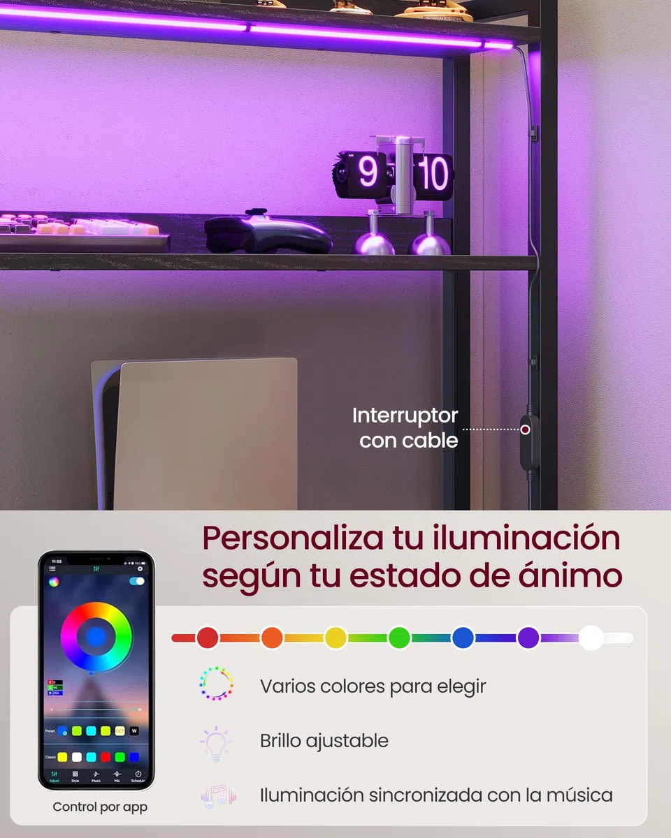 VASAGLE Escritorio en Forma de L, con Enchufes, Luces LED, Cajones y Soporte para Monitor, 140 x 100 x 150 cm, Negro, para Oficina en Casa y Gaming, Colección Barnet LWD162B101