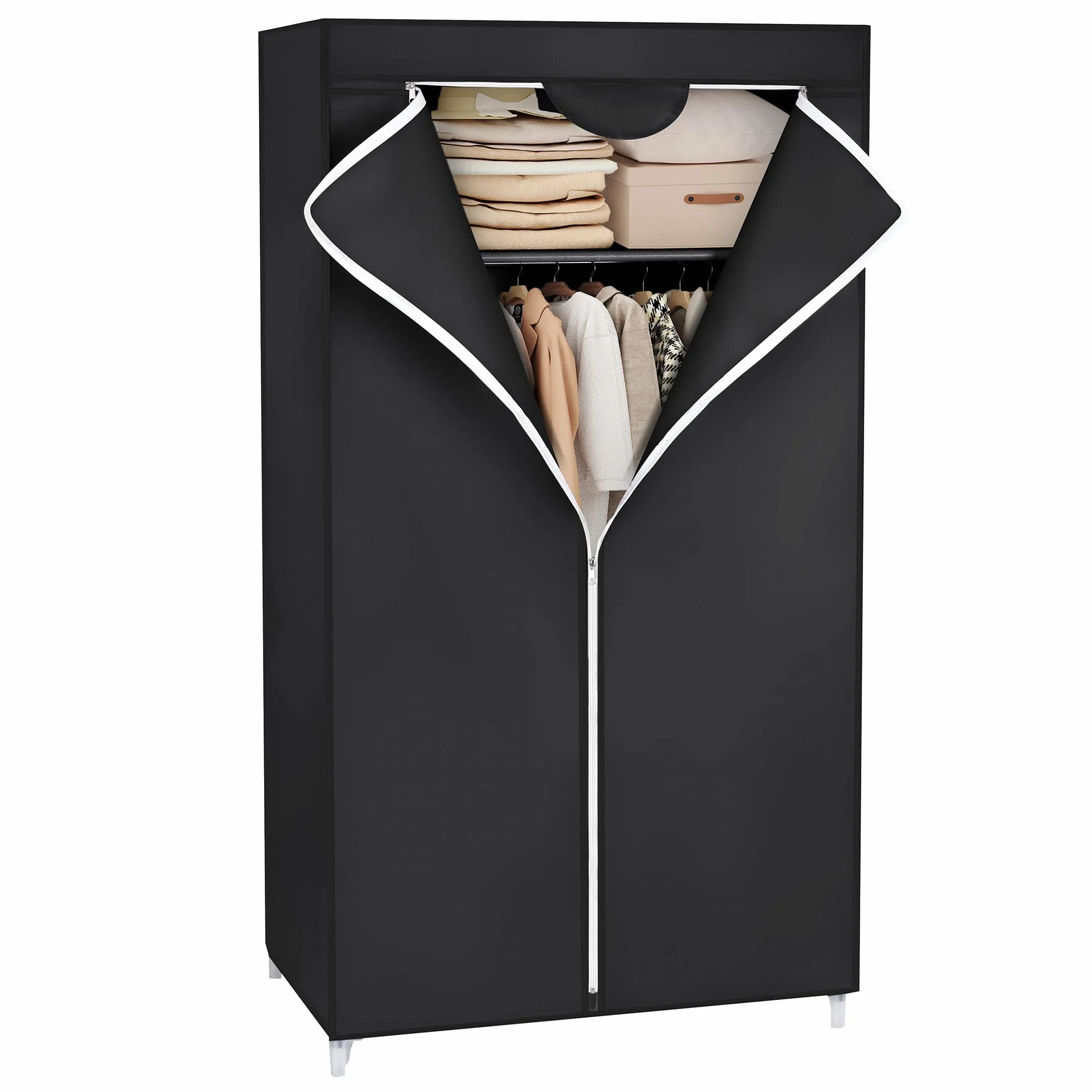 SONGMICS Armario de Tela, Armario Plegable con Barra de Colgar, Perchero Individual, Organizador de Bolsas, Juguetes, Zapatos, Sala, Dormitorio, 75 x 45 x 160 cm, Negro RYG83H