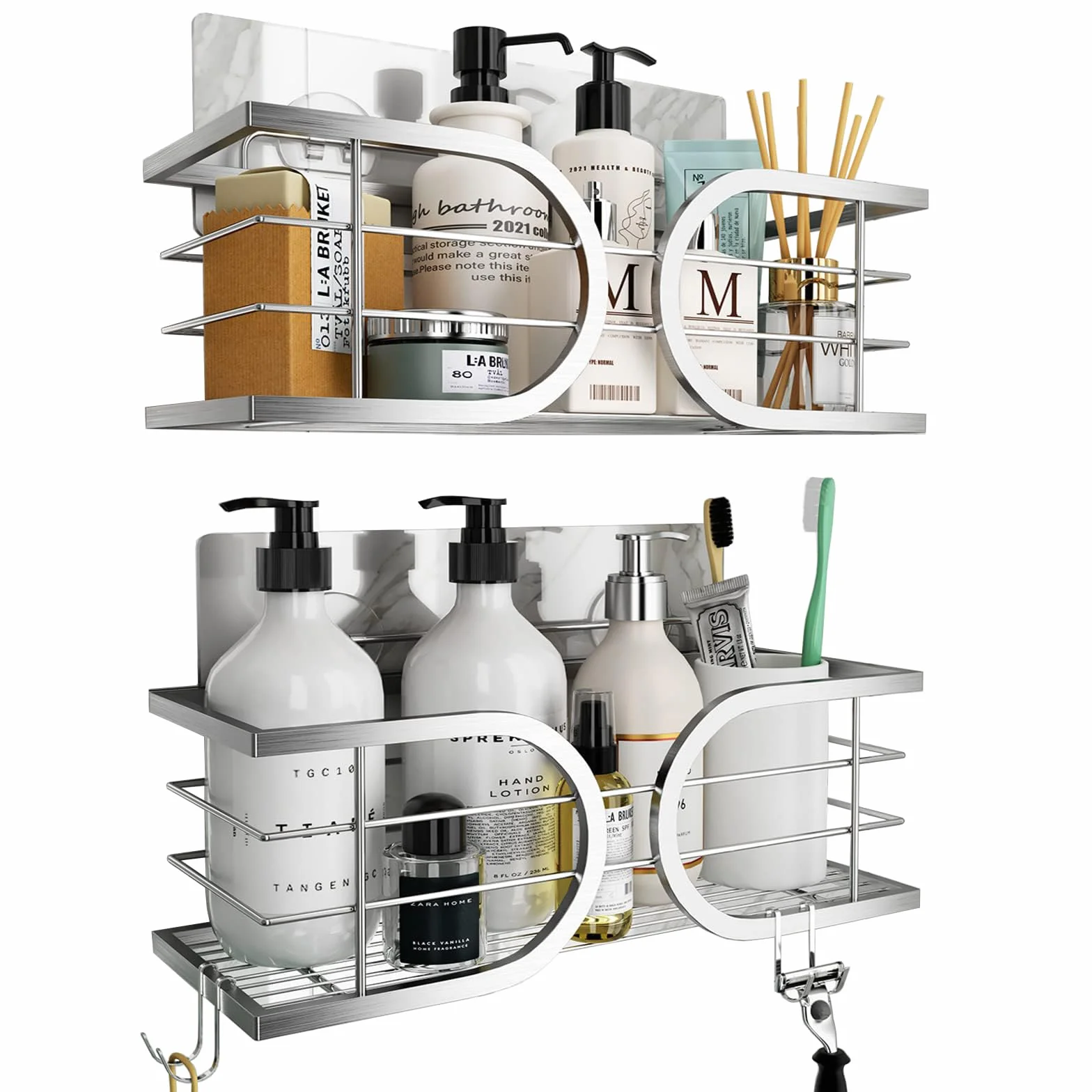 Adhesivo Estantes Cesta para Ducha de Baño Gran Capacidad 304 Acero Inoxidable Ducha Estanteria Organizador para Cocina o Baño 2 Piezas(Plata)