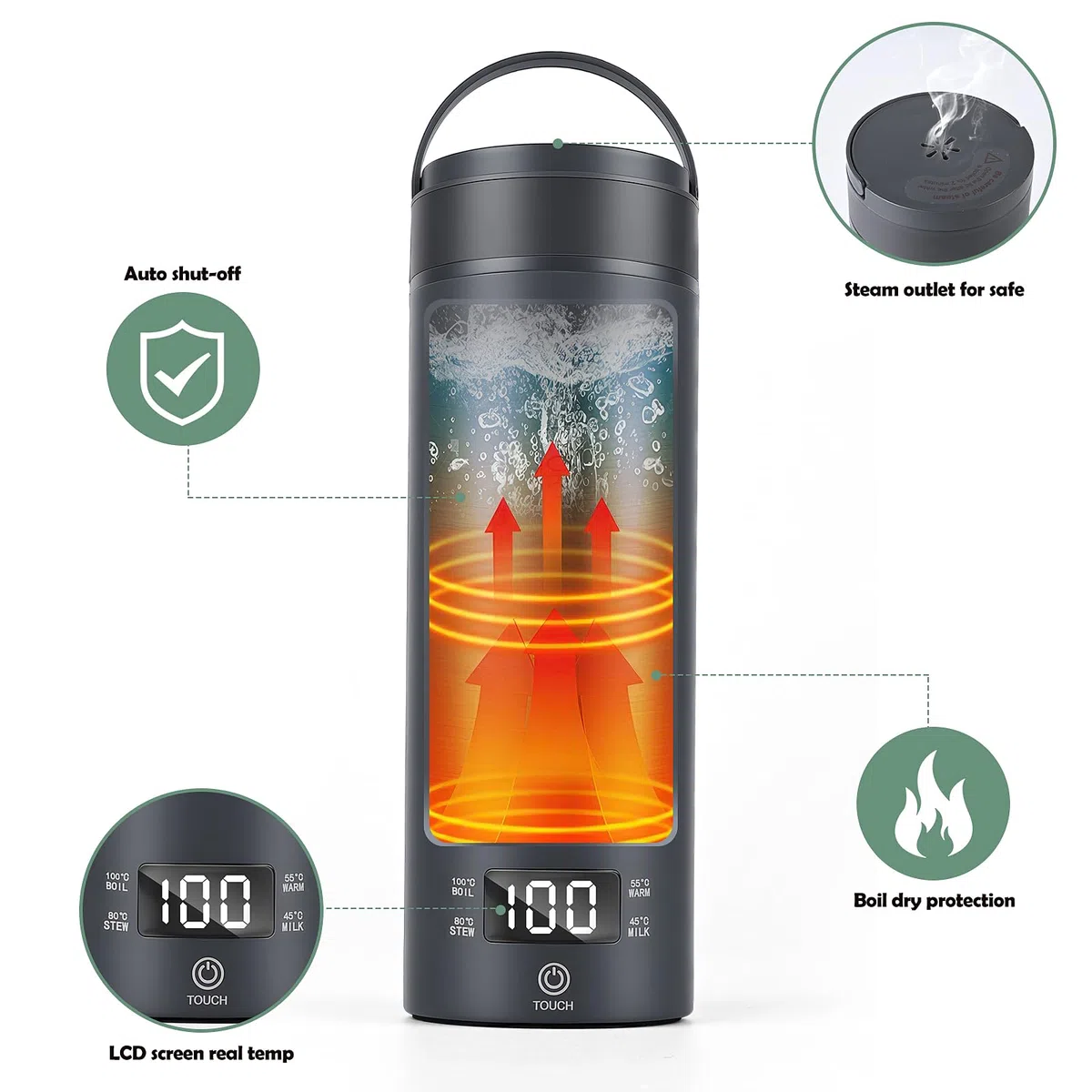 Hervidor eléctrico portátil de viaje, 450 ml, hervidor de agua caliente de viaje, té de café, apagado automático y protección en seco con acero inoxidable 316, 4 reguladores de temperatura (Gris)