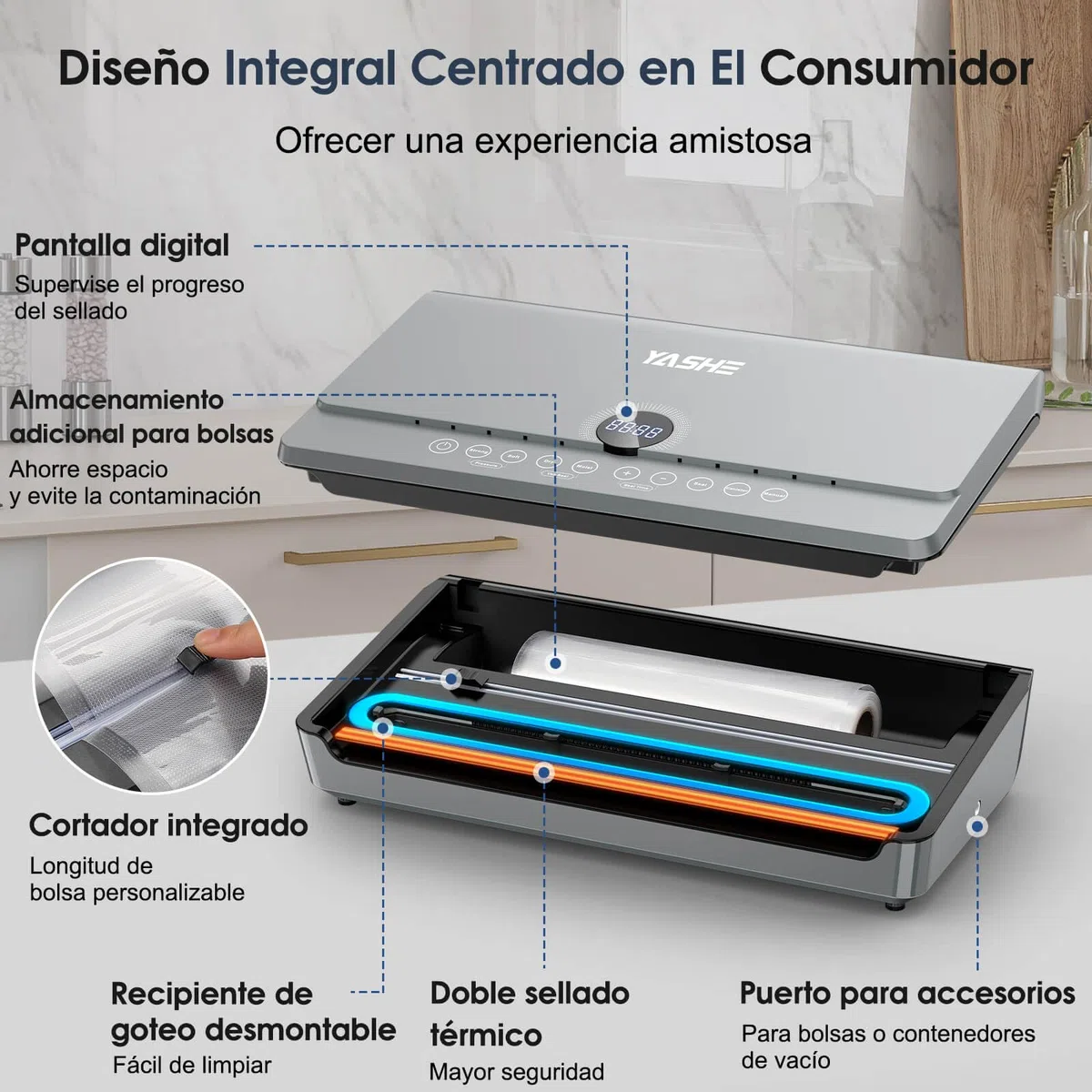 YASHE Envasadora al Vacio 80KPA con Tapa Magnética, 10 en 1 Doble Sellado y Doble Bomba Envasadora al Vacio Domestica, Almacenaje Integrado para Rollos, Incluye 1 Rollo de Bolsas