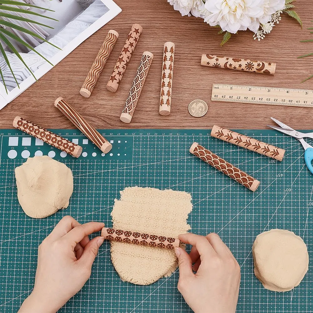 Unicraftal - Juego de 10 rollos de textura de madera para arcilla cerámica cerámica cerámica alfareros sellos herramientas rodillos de pastelería texturizados, kit de modelado para bricolaje artesanal