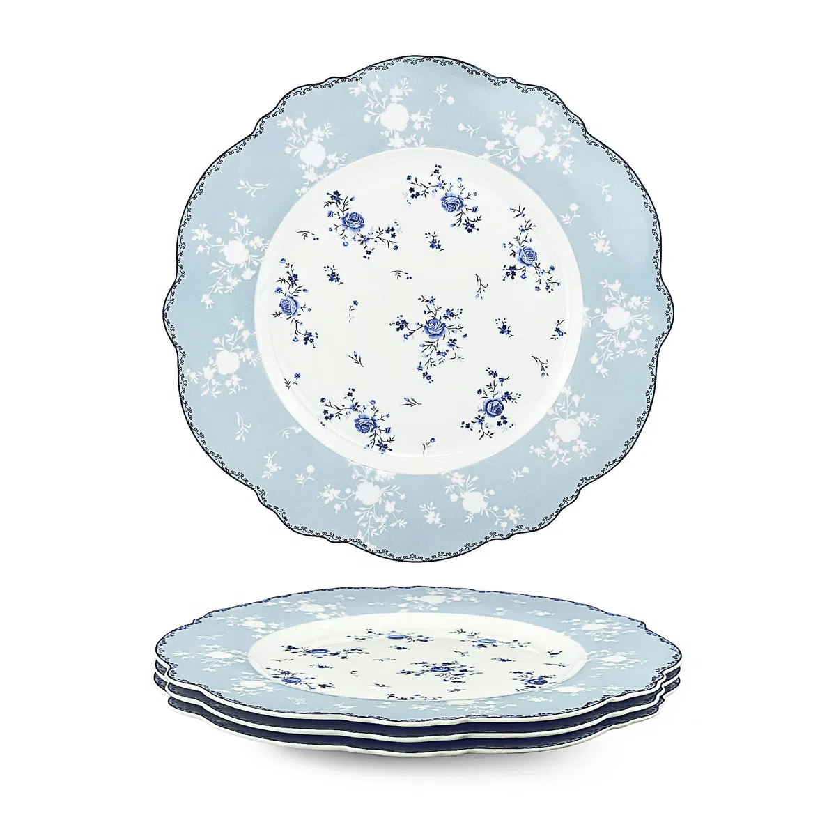 fanquare Juego de 4 Platos Llanos de Porcelana, 27.5cm Platos Grande Florales Azul, Vajilla Vintage Real para Navidad Fiesta, Boda