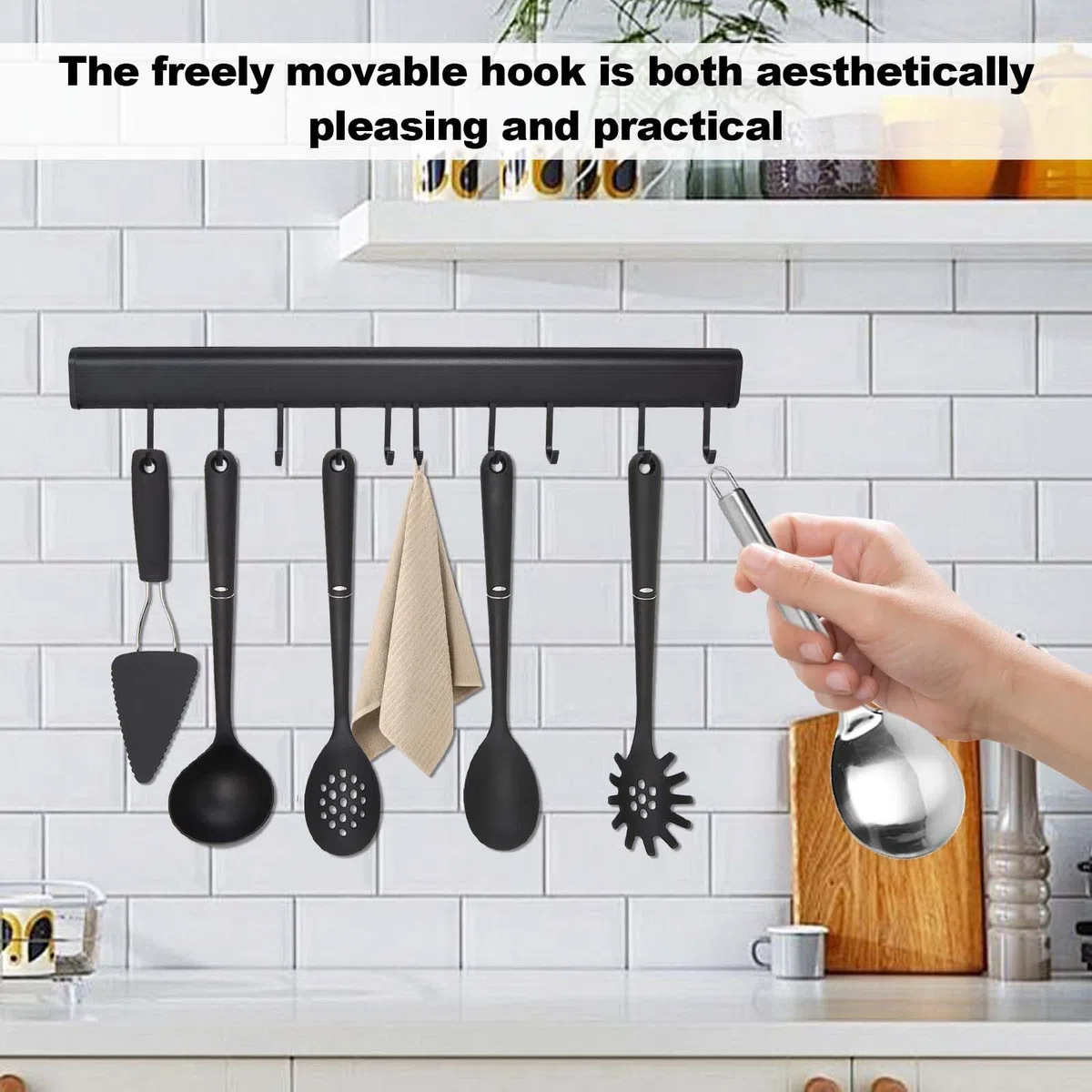 Naapesi Colgador Utensilios Cocina 10 Ganchos, Soporte Utensilios Sin Taladro, Estante Colgante de Cocina, 50CM, Aluminio, Negro, Autoadhesiva, Soporte de Utensilios para Kitchen/Baño/Armario