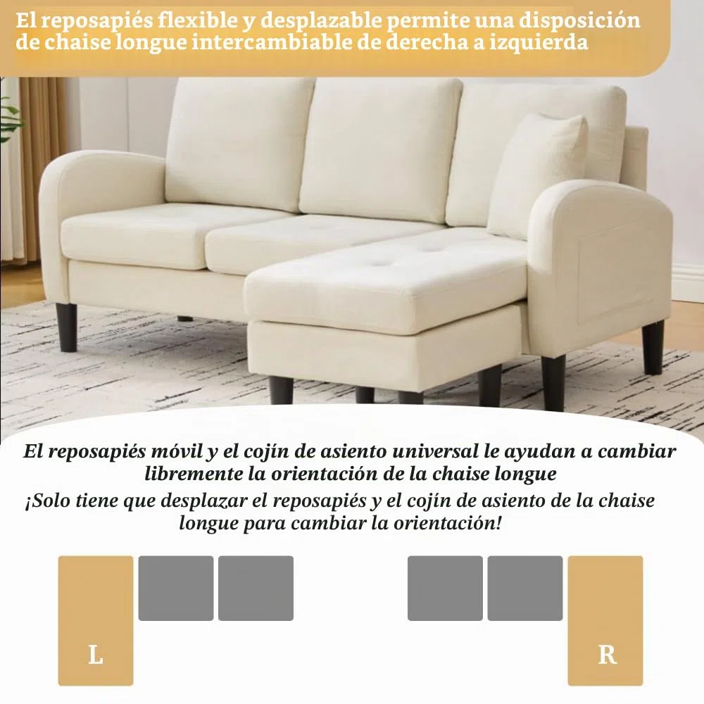 Sofá esquinero en forma de L con chaise longue, sofá de 3 plazas, 166 x 118 x 77 cm, tela transpirable de algodón y lino, patas de plástico, diseño modular, ideal para salas de estar (Beige
