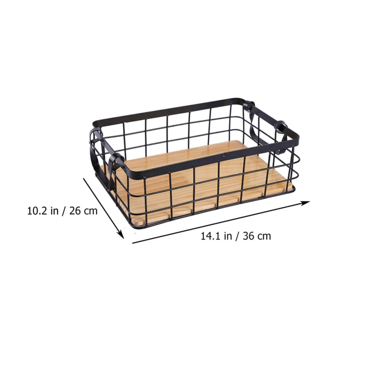 Operitacx Cesta de Hierro y Madera de Almacenamiento Rectangular Diseño Simple para Organizar Frutas y Snacks Color Negro en Cocina o Escritorio