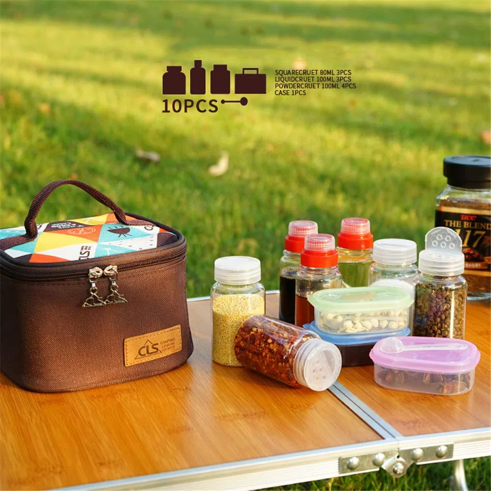 Tarros de especias para camping, sal, azúcar, pimienta con tapa giratoria y bolsa de embalaje para cocina y barbacoa (juego de 10)