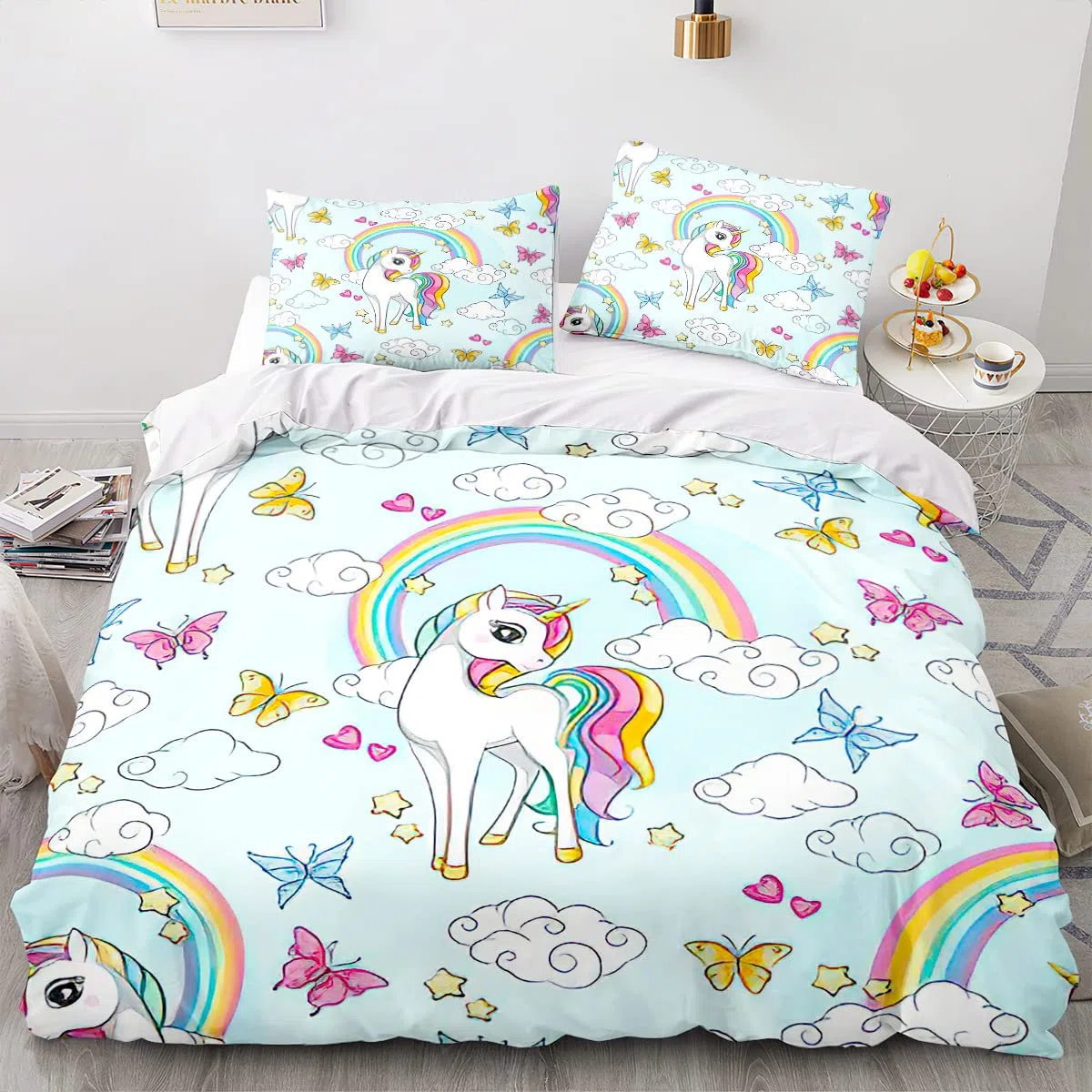 Funda Nórdica con Temática de Unicornio 2/3 Piezas Juego de Sábanas Comfort para Niños Pegaso Arcoiris Niña Unicornio Mágico Ropa de Cama Funda de Edredón (Color 2,Cama 90 cm,150x200 cm)