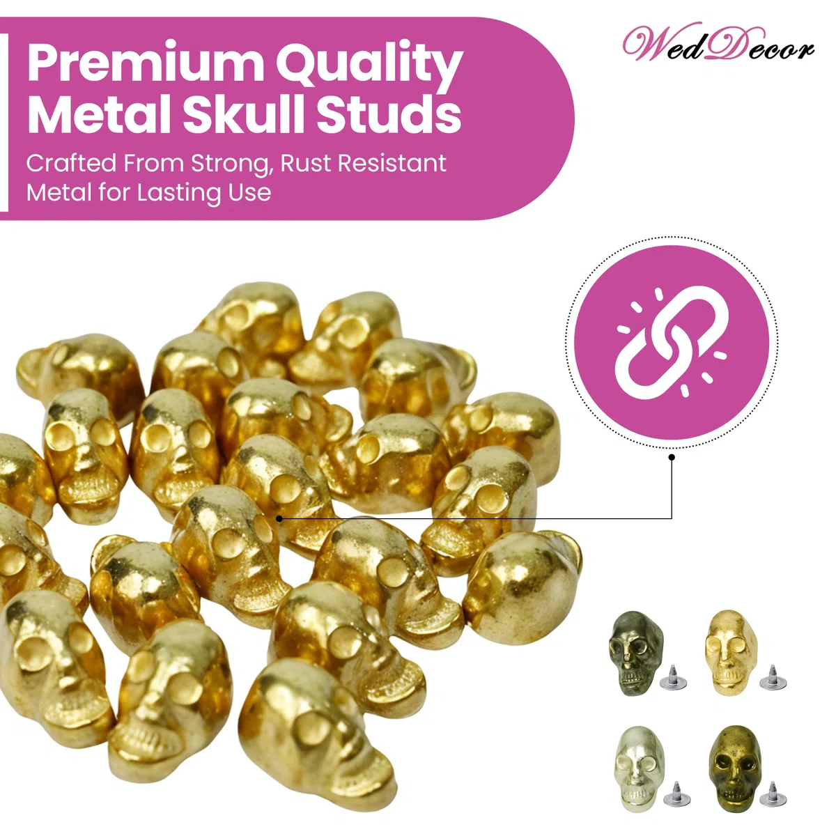 WedDecor 9 mm x 15 mm, 400 piezas de tachuelas de calavera con pines y troqueles de fijación con kit de almacenamiento, kit compatible con máquina verde para cuero, ropa, chaquetas, zapatos, bolsas y