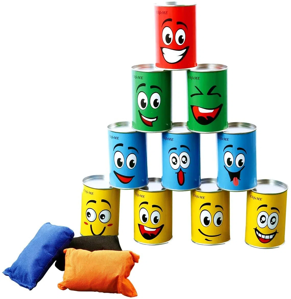 Lanzar latas para niños, Juego de Lanzamiento para Nacimiento Infantil y Otras Fiestas, 10 latas de Sonrisa y 3 Bolsas de Basura Coloridas, Juego para Juegos de jardín, latas de Lanzamiento,