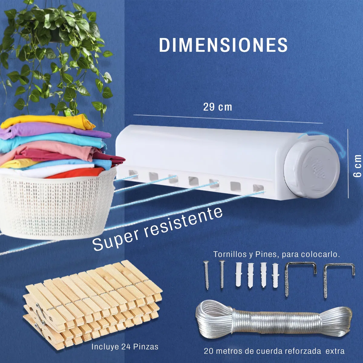 Pack Tendedero Extensible Pared con 4 Cuerdas de 3,2m Cada una,24 Pinzas y 20 m de Cuerda Extra Reforzado en Alambre de Acero 3mm, tendedero retractil, Cuerda tendedero Extensible, Incluye Tarjeta QR