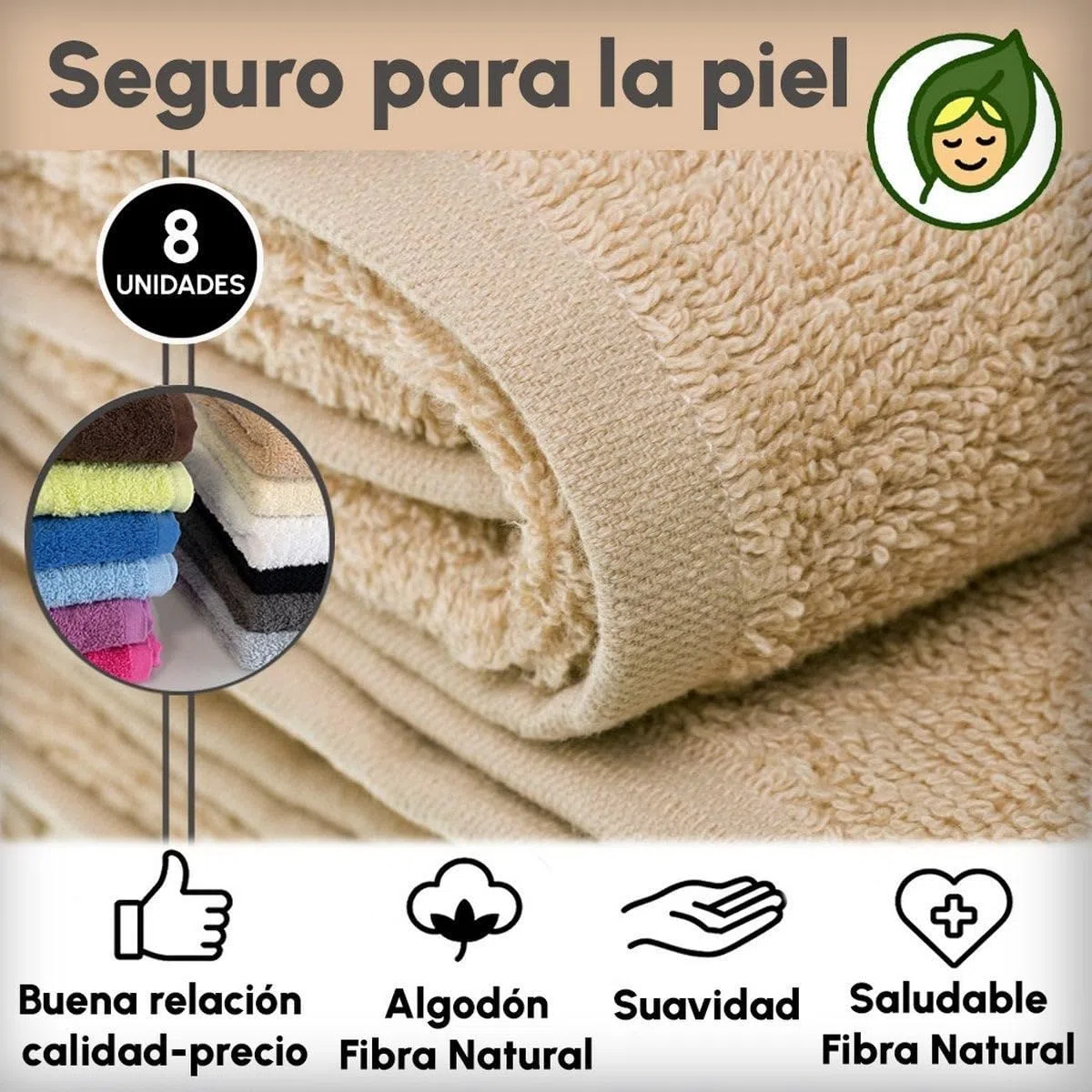 Juego de 8 Toallas de Ducha Color Beige 100% algodón Rizo de 140x70 cm | Tejido suave de gran gramaje con alta absorción. Aptas para lavadora, de uso diario.