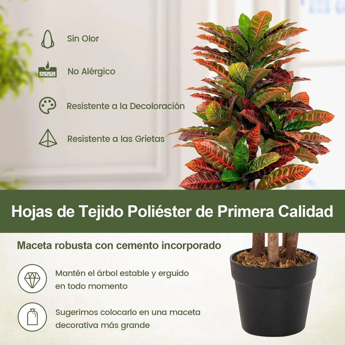 RELAX4LIFE Planta Artificial Decorativas 100 cm, Planta Artificial de Crotono con 71 Hojas Grandes, Tronco de Madera y Maceta, Planta Artificial para Salón, Oficina y Hogar, Ø67x100cm (Verde+Rojo)