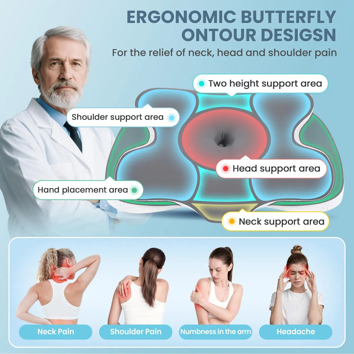 A-Pce Almohada de Espuma Viscoelástica para Todo Tipo de Durmientes, Almohada Ortopedica para Aliviar el Dolor de Cuello y Hombros, Almohadas Ergonómico con Funda Extraíble