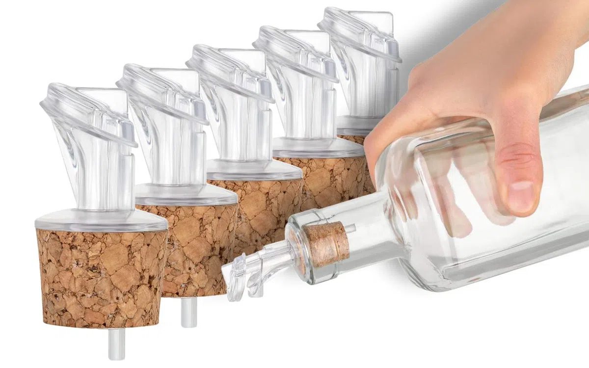 Paquete de 5 vertedores de plástico con corcho | ancho | adecuado para aceite, vinagre, licores o alcohol