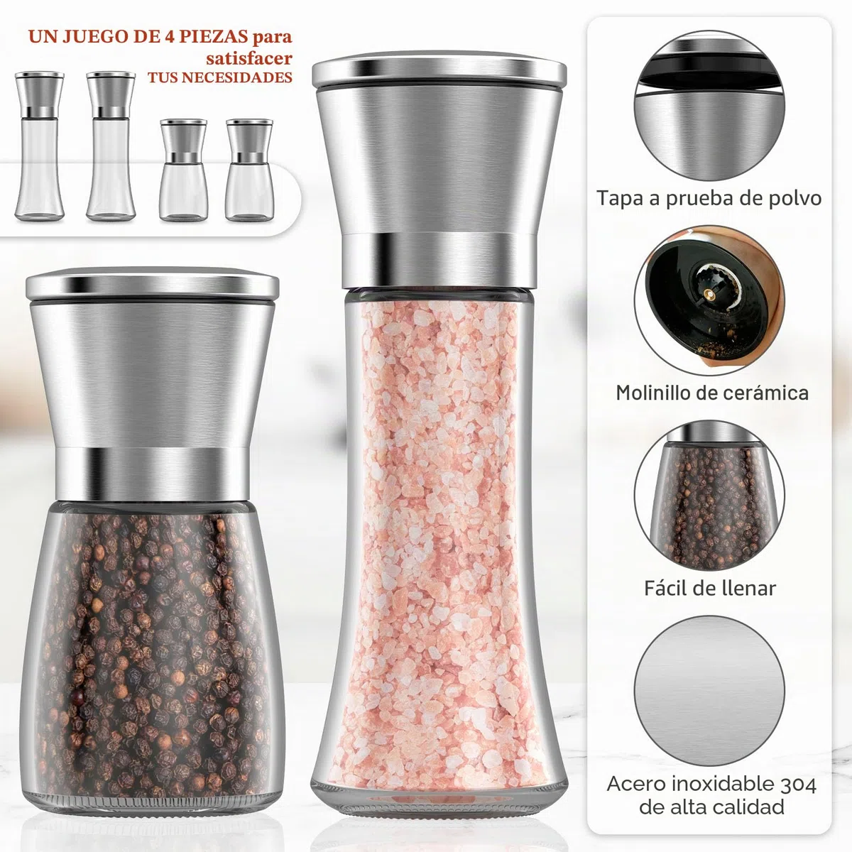 4 Piezas Molinillo de Especias,Salero y Pimentero Ajustable Spice Mill Set,Acero Inoxidable y Vidrio,Núcleo Abrasivo Cerámico,Ideal para Moler y Rellenar Sal,Pimienta y Chile