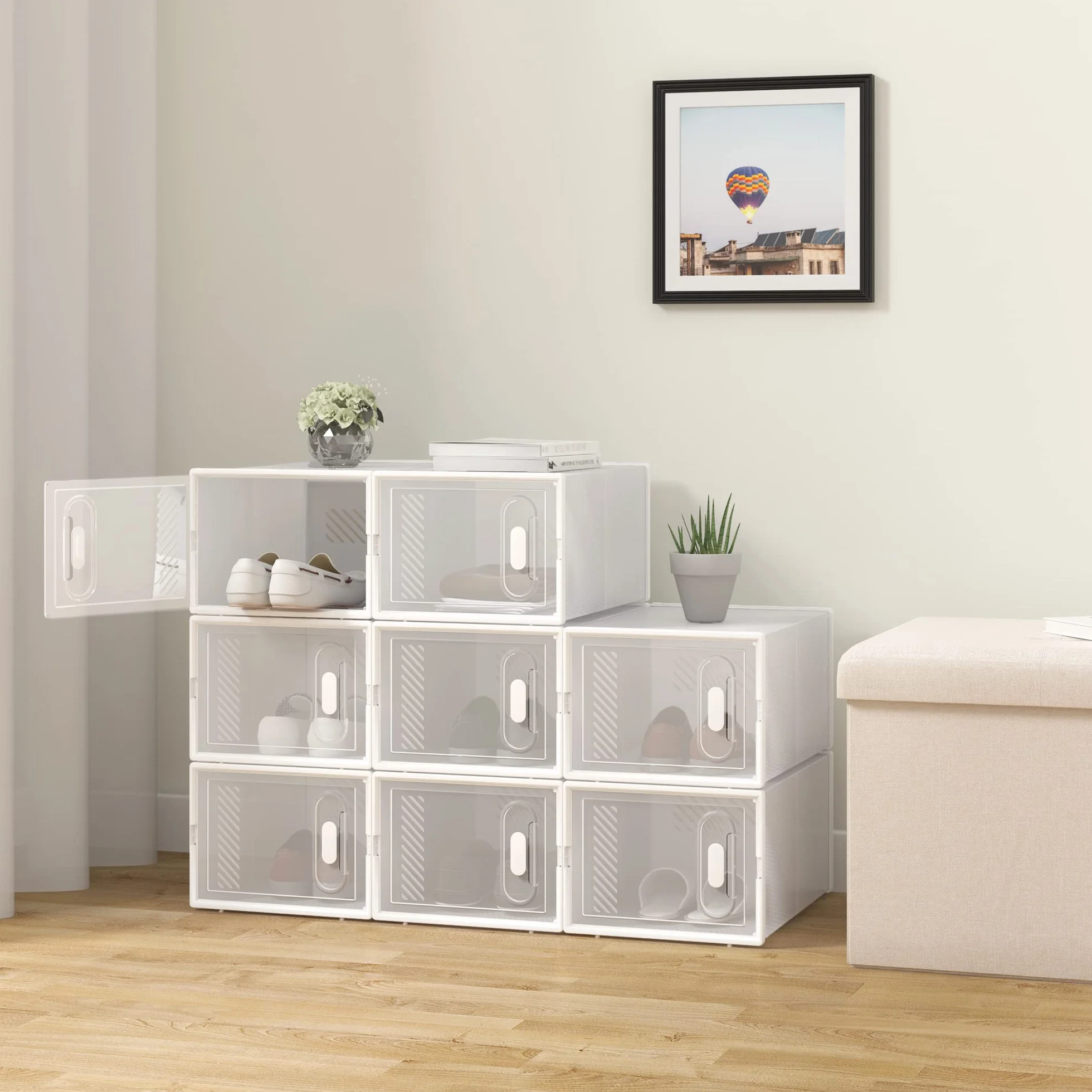 WOLTU 12X Cajas de Zapatos Transparentes, Cajas de Plástico Apilables y Plegables, Organizador de Almacenaje de Guardarropa, Zapateros con Tapa Frontal, 35x25x19 cm