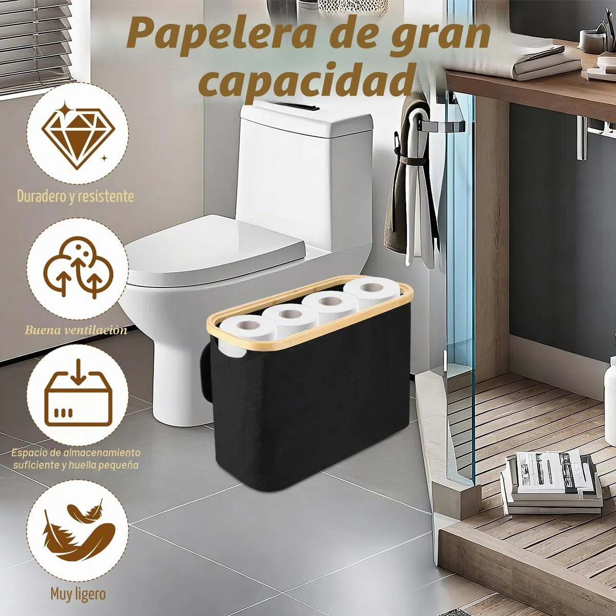 Pavlleen Cesta de Almacenamiento de Papel higiénico con Tapa,Organizador Papel Higiénico para Baño,Organizador de Baño,para Papel Higiénico Estándar de 12 Rollos,Negro