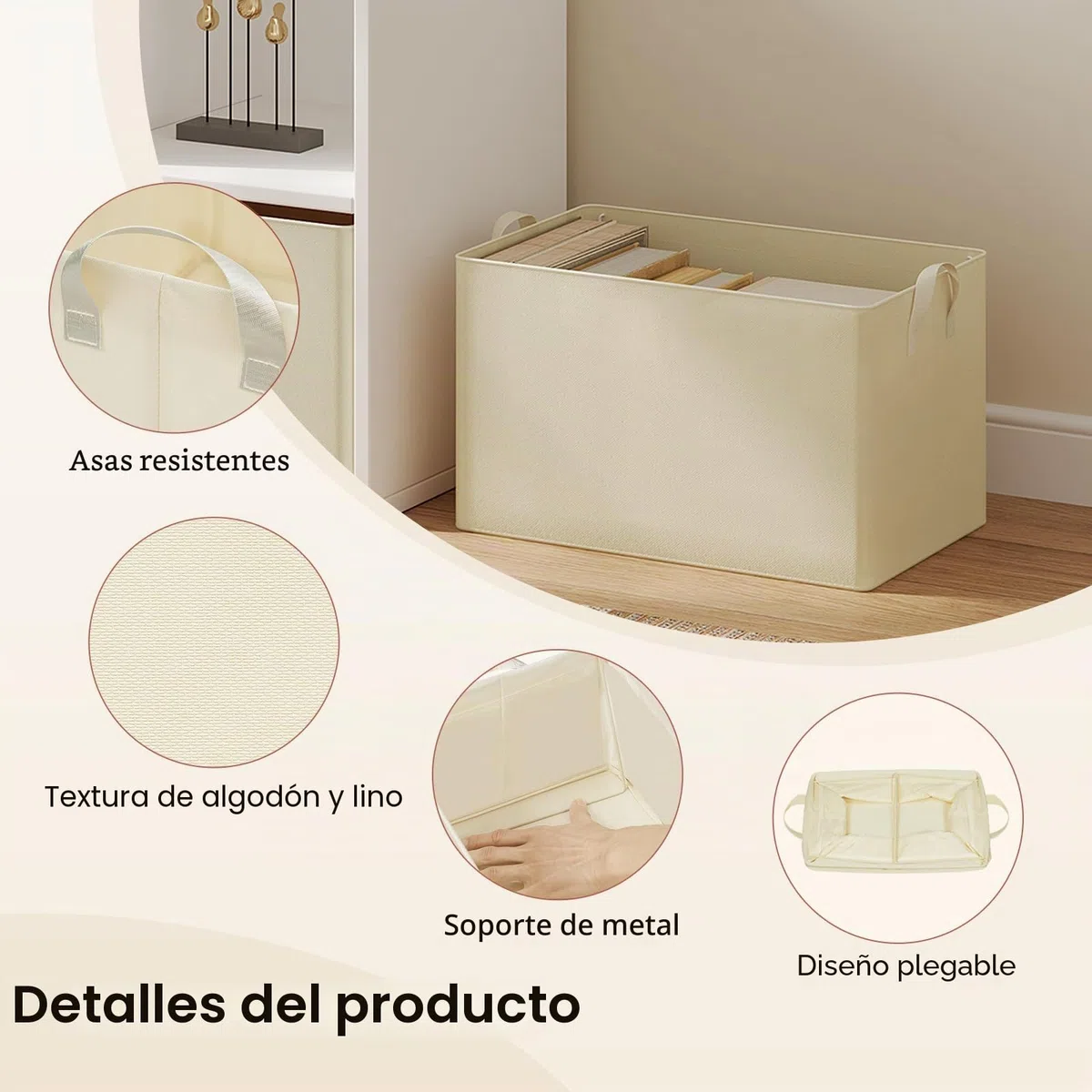 WOLTU Juego de 5 Cajas Plegables,Cajas Almacenamiento Plegables, Cajas Organizadoras de Tela con Asas, Cajas Almacenaje para Ropa y Juguetes en Armarios, Crema, 47x35x30 cm