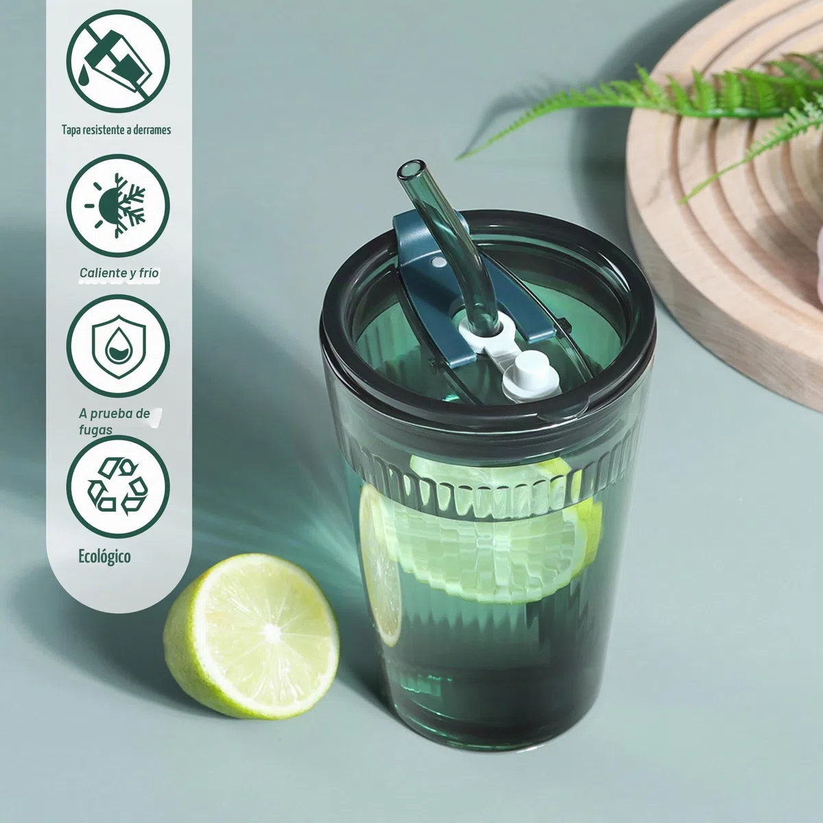 Joeyan 450ml Vaso de Vidrio con Tapa y Pajitas, Juego de 2 Taza de Agua Helada Sellado a Prueba de Fugas, Rayas de Cristal Verde, Taza de Viaje pare Café,Whisky,Batidos,Jugo, Apto para Lavavajillas