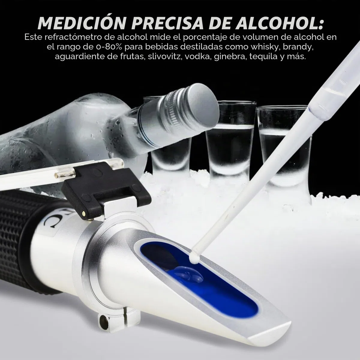 Refractómetro Alcohol - 0-80% Volumen, ATC para Destilados - Portátil con Luz LED y Pipetas - Medición Precisa del Alcohol.