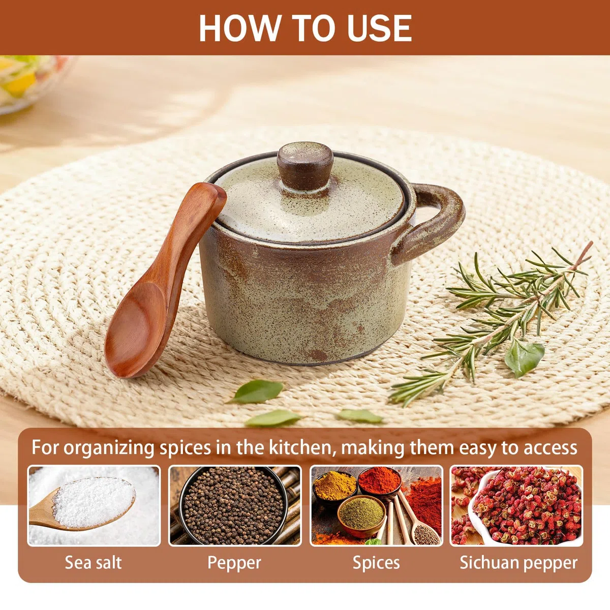 Yitexin Salero de porcelana moteada de 8.5 onzas con tapa y cuchara de madera, soporte para plato de sal de pimienta hecho a mano, tarro de especias esmaltado, recipiente para encimera de cocina
