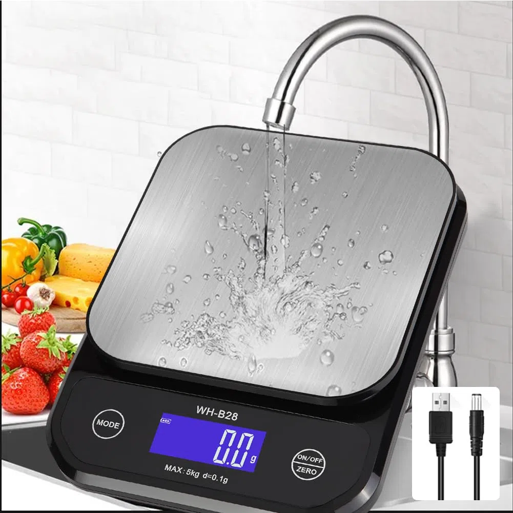 Bascula De Cocina Impermeable IP67, 0,01 Oz/0,1 G Alta Precisión, 11 Lb/5 Kg, Lavable, Plataforma De Pesado De Acero Inoxidable, Bascula Cocina USB Recargable Para Cocinar, Hornear, Perder Peso, Etc.