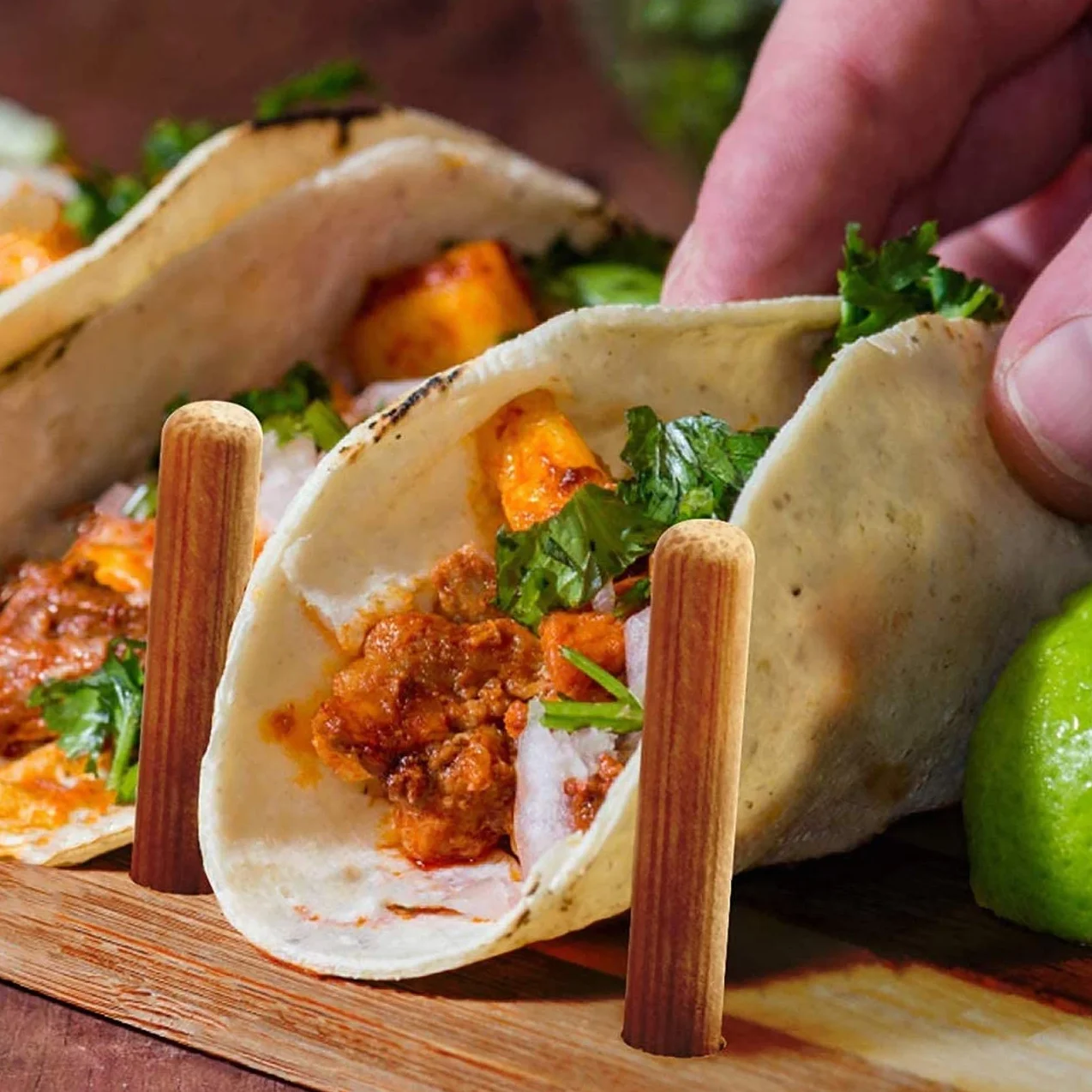 Soporte De Tacos De Madera, Soporte De Bandeja De Soporte De Taco De Bambú Que Puede Contener Hasta 8 Tacos Cada uno, Para Servir Bandejas De Tacos De Estilo Alimenticio De Cáscara Suave (1)