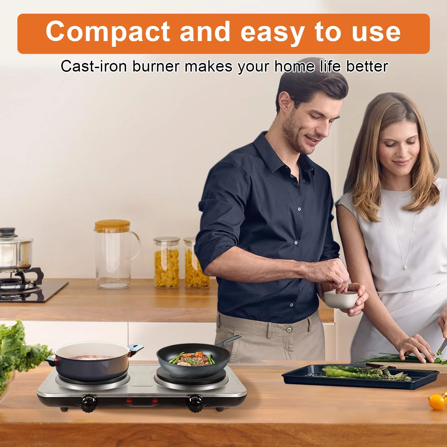 Cocina Eléctrica Portátil, Uten Hornillo Eléctrica Portátil 2 Fuegos, Temperatura Ajustable, Fácil de Limpiar, Ideal para Uso en la Cocina y Camping, 2000 W