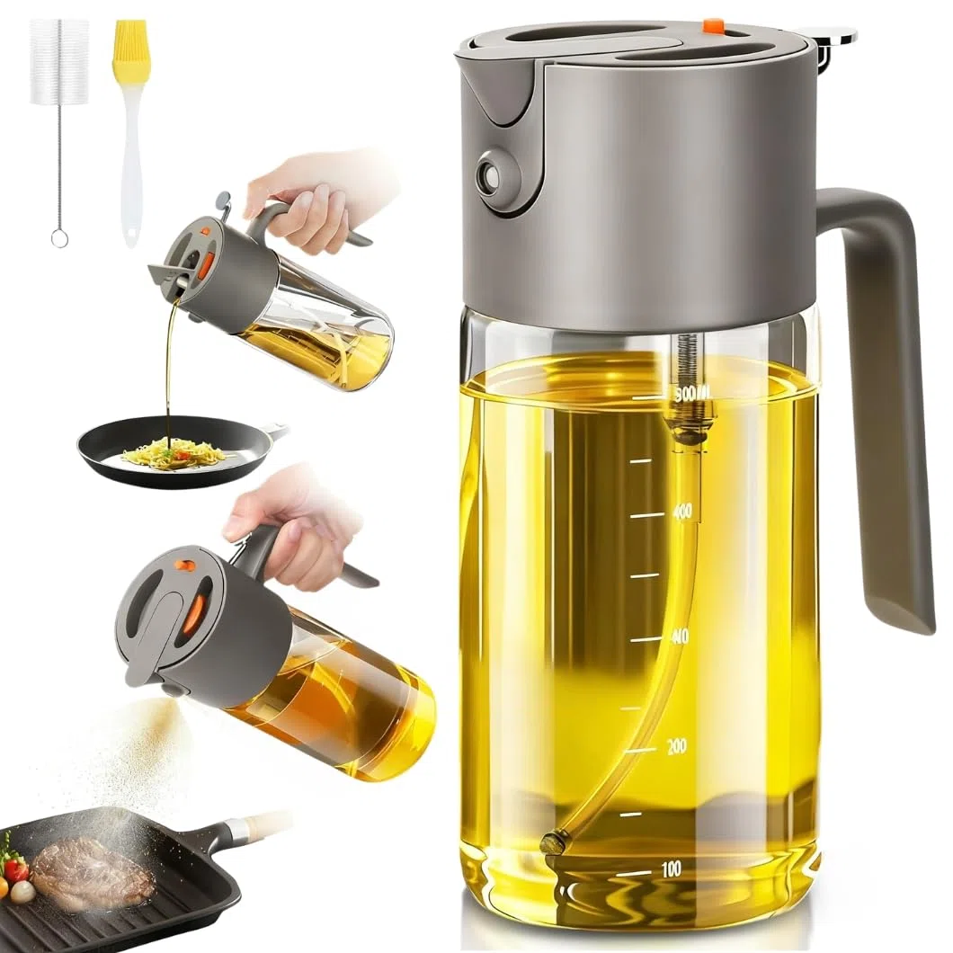Spray Aceite 2-en-1 – Dispensador y Pulverizador de Aceite de Oliva 550 ml en Vidrio para Cocina, Ensaladas, Barbacoa, Freidora de Aire, Vinagre, Aceite, Accesorio Cocina Antigoteo (Gris)