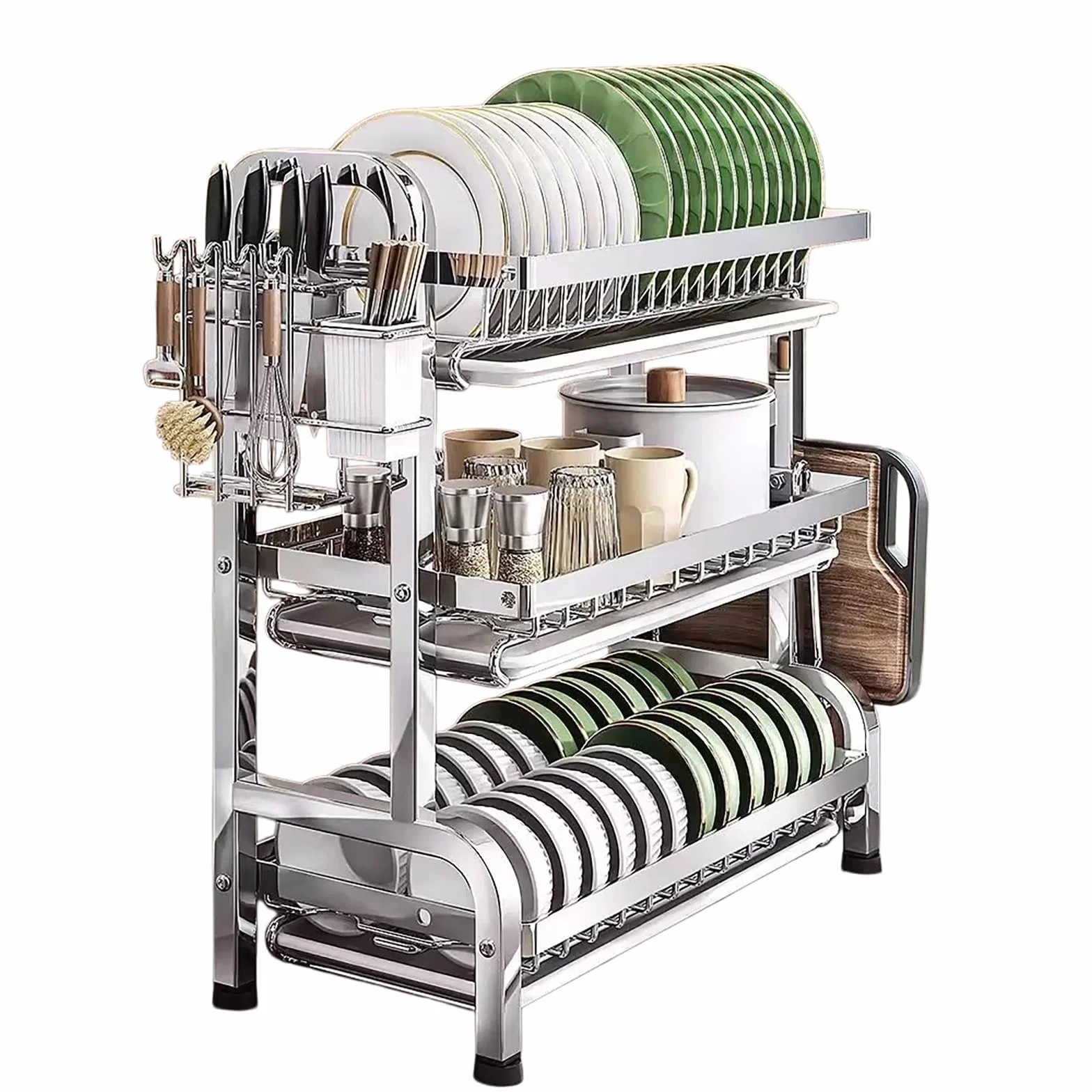 Escurridor de platos de acero inoxidable de 3 niveles, cocina que ahorra espacio con bandeja de goteo para platos, vasos y tablas de cortar (53 x 24 x 60 cm), acero 304