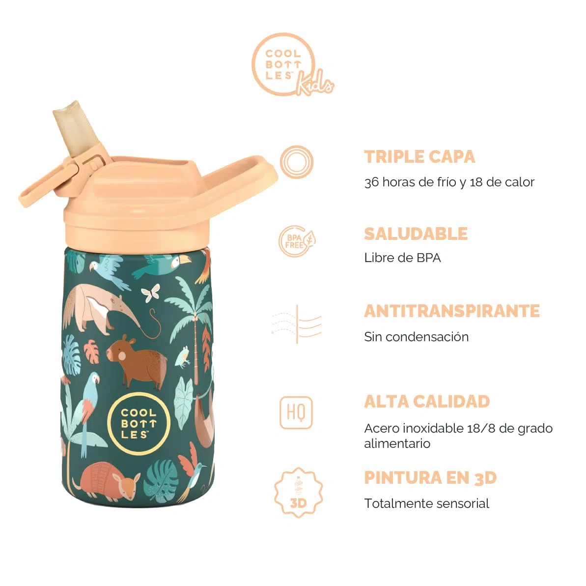 Cool Bottles - Botella Agua Acero Inoxidable Niños, Botella Térmica - Bebidas Frías 36 Horas y Calientes 18 Horas - Rainforest Refuge 350ml