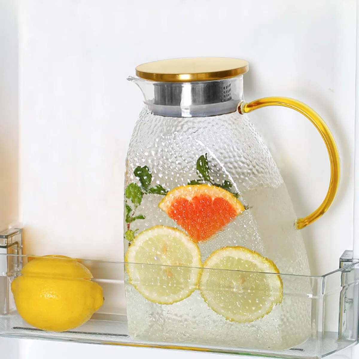 Jarra de agua para puerta de nevera, jarra de nevera con tapa, jarras de vidrio, jarra de agua de 1,8 L/64 oz con tapa de acero inoxidable, jarra de vidrio para zumo casero, té helado, café