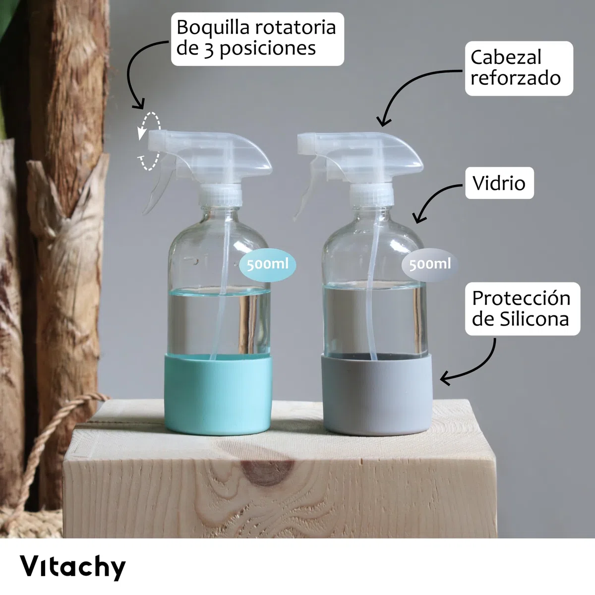 Pack 2 Pulverizadores de Vidrio 500ml con Base de Silicona Antideslizante Botella Spray de Cristal con Cabezal Reforzado Boquilla 3 Posiciones para Limpieza y Plantas - Gris/Azul