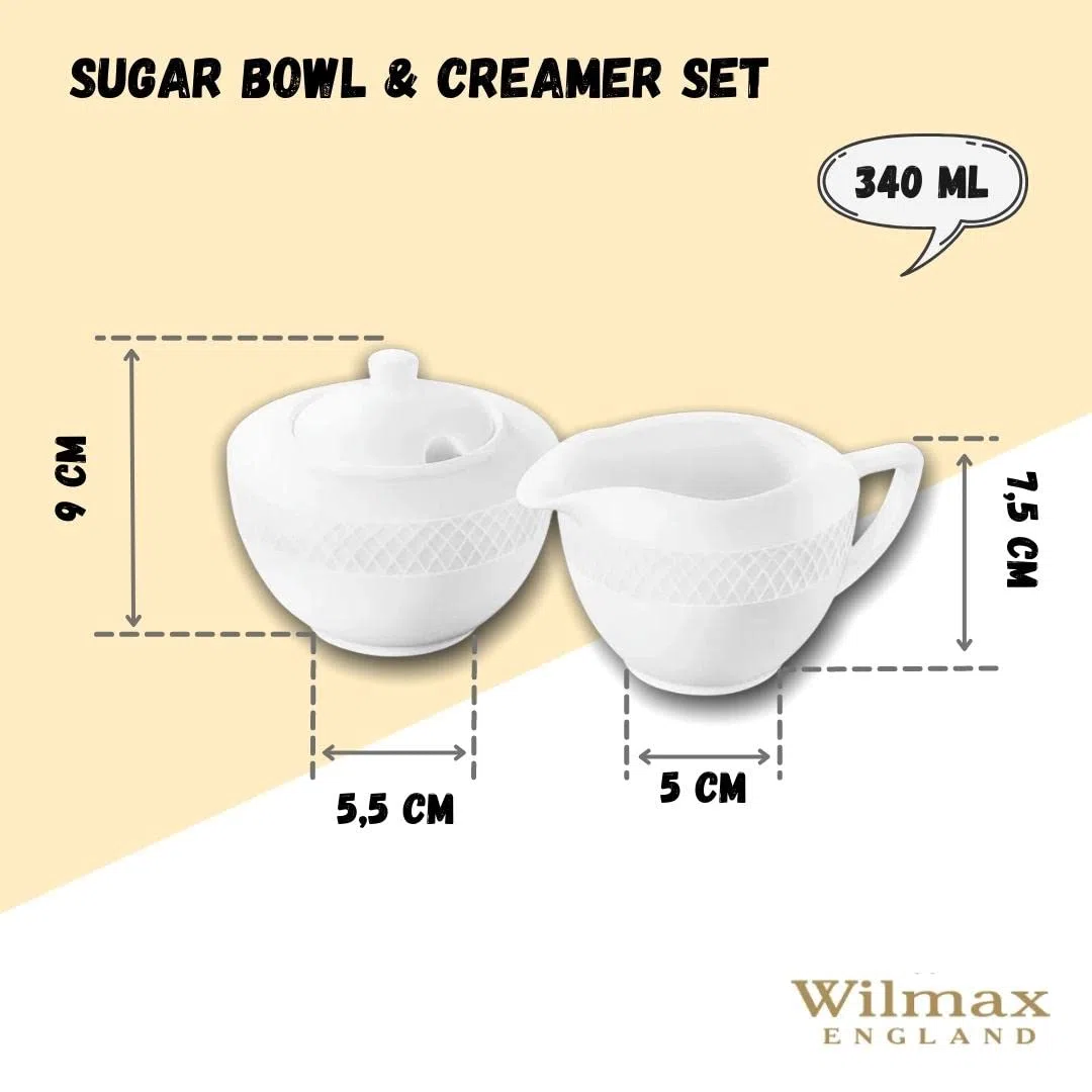 Wilmax | Azucarero + Juego de jarra de leche | 2 piezas | Recipiente para leche y azúcar de porcelana | Blanco | Dispensador de azúcar con tapa | Apto para lavavajillas | Servicio de café para leche,