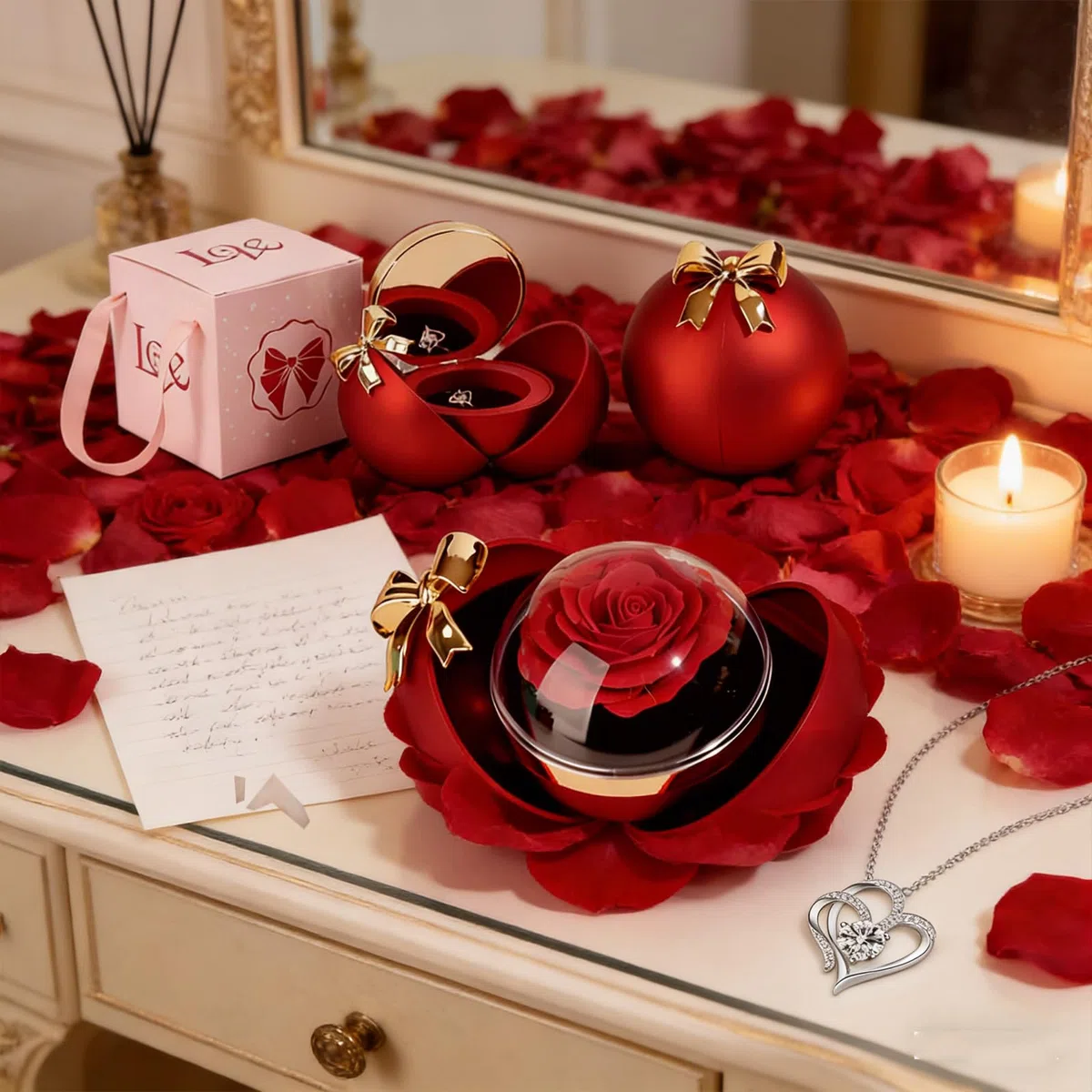 Rosa Eterna Natural Preservada,Caja Rosa Preservada con Collar Regalo，Regalo de Rosas Romántico con Mujer día Madre San Valentín Navidad Compromiso Matrimonio Aniversario Cumpleaños