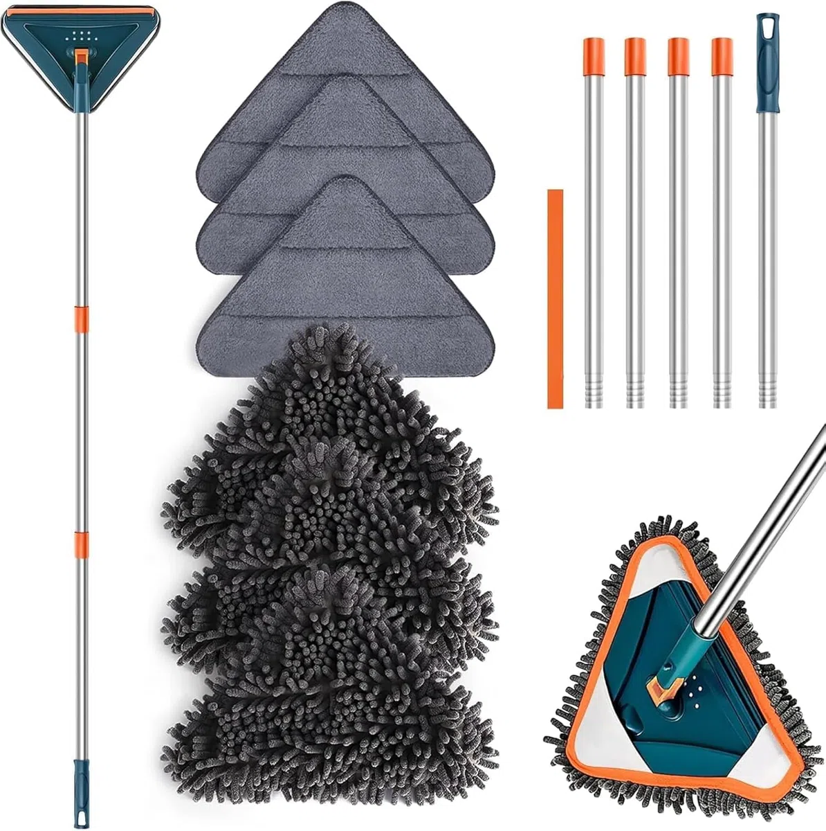 Escoba Triangular para Limpiar Paredes y techos360° Giratoria , Mango Telescópico Ajustable, Microfibra para Hogar y Oficina
