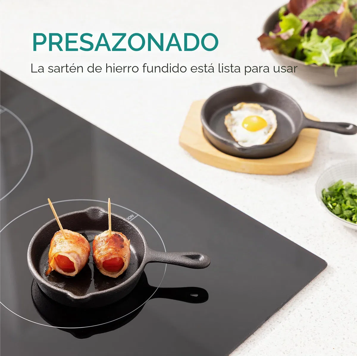 Navaris Mini sartenes de Hierro Fundido - 2X sartén para Huevos Tortillas Pancakes Muffins - con Base de Madera - Apta para Horno y BBQ - ⌀ 10,2 cm