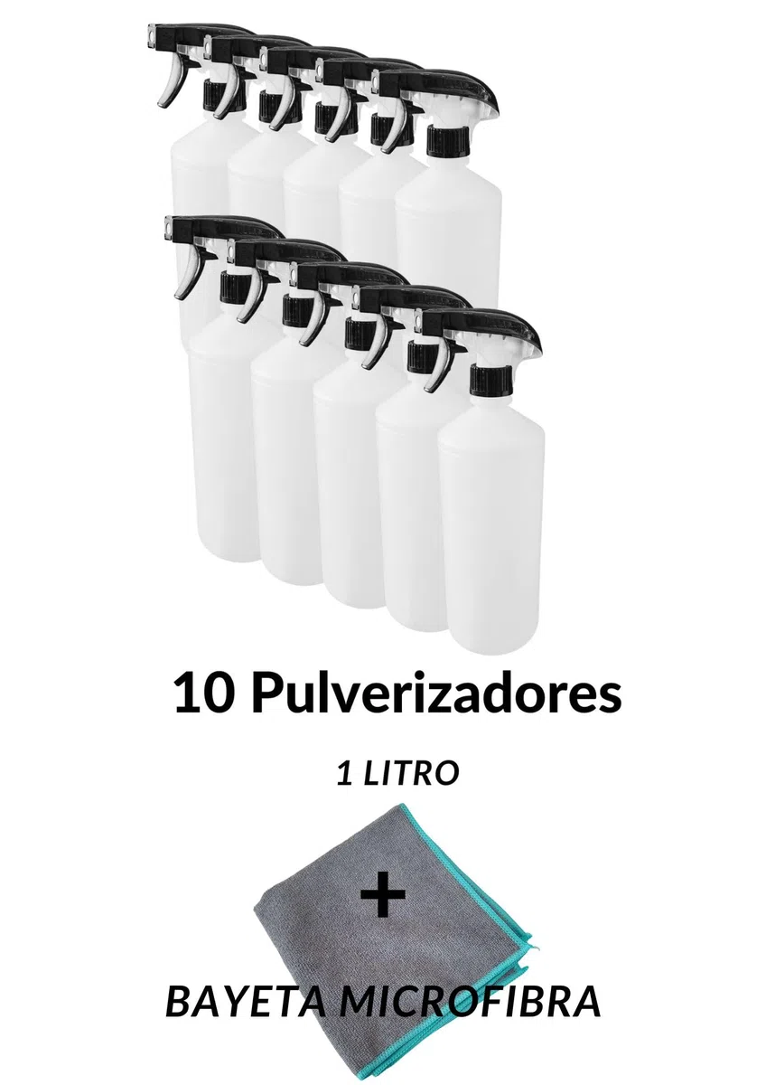 ECO-JIN 10 PULVERIZADORES COMPLETOS CON BOTELLA 1 LITRO (10 UNIDADES de botellas vacias) + BAYETA MICROFIBRA ***(El color de la pistola pulverizadora puede variar según stock)