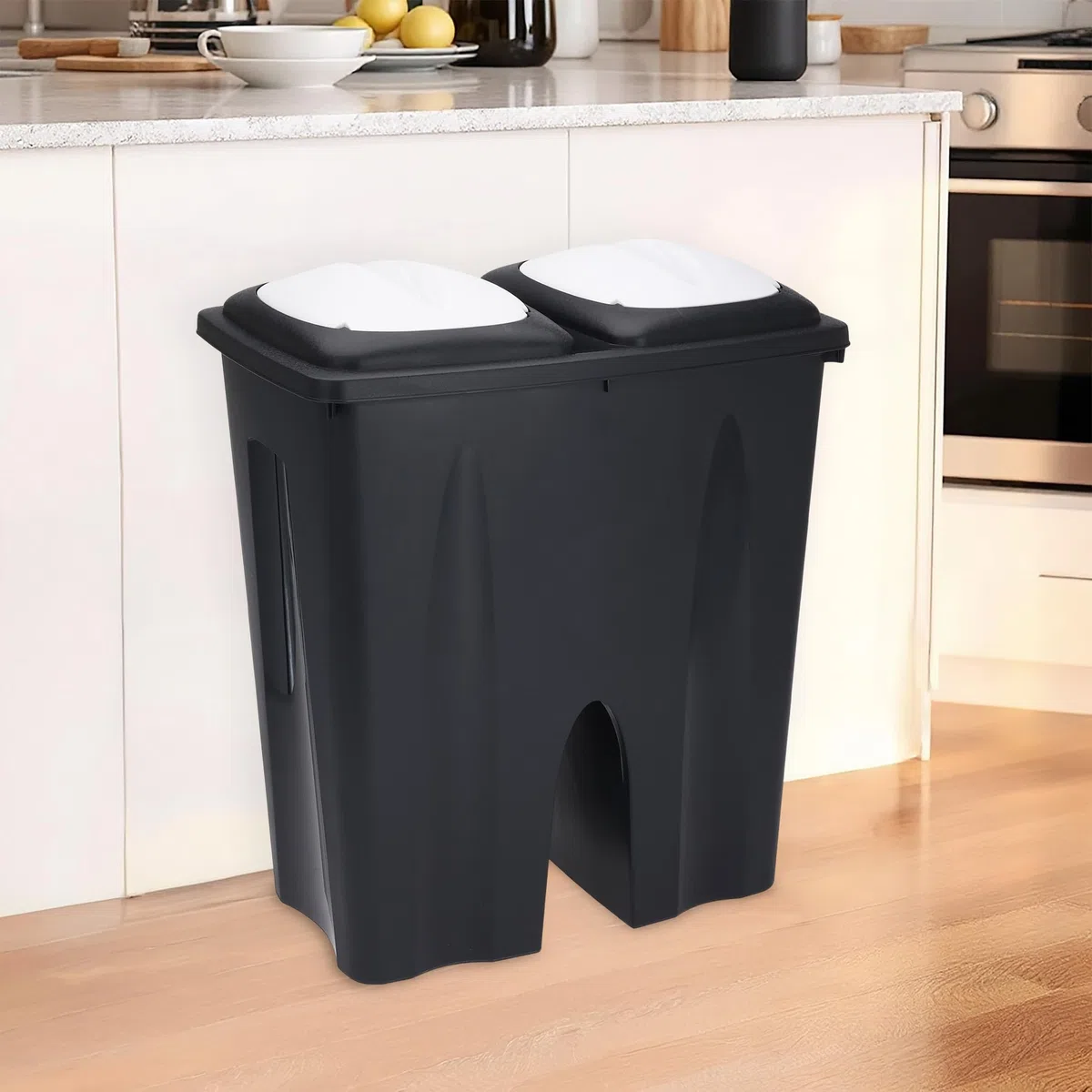 Duo - Cubo de basura doble rectangular de 50 litros (2 compartimentos de 25 l). Cubo separador de basura, color negro, con tapa