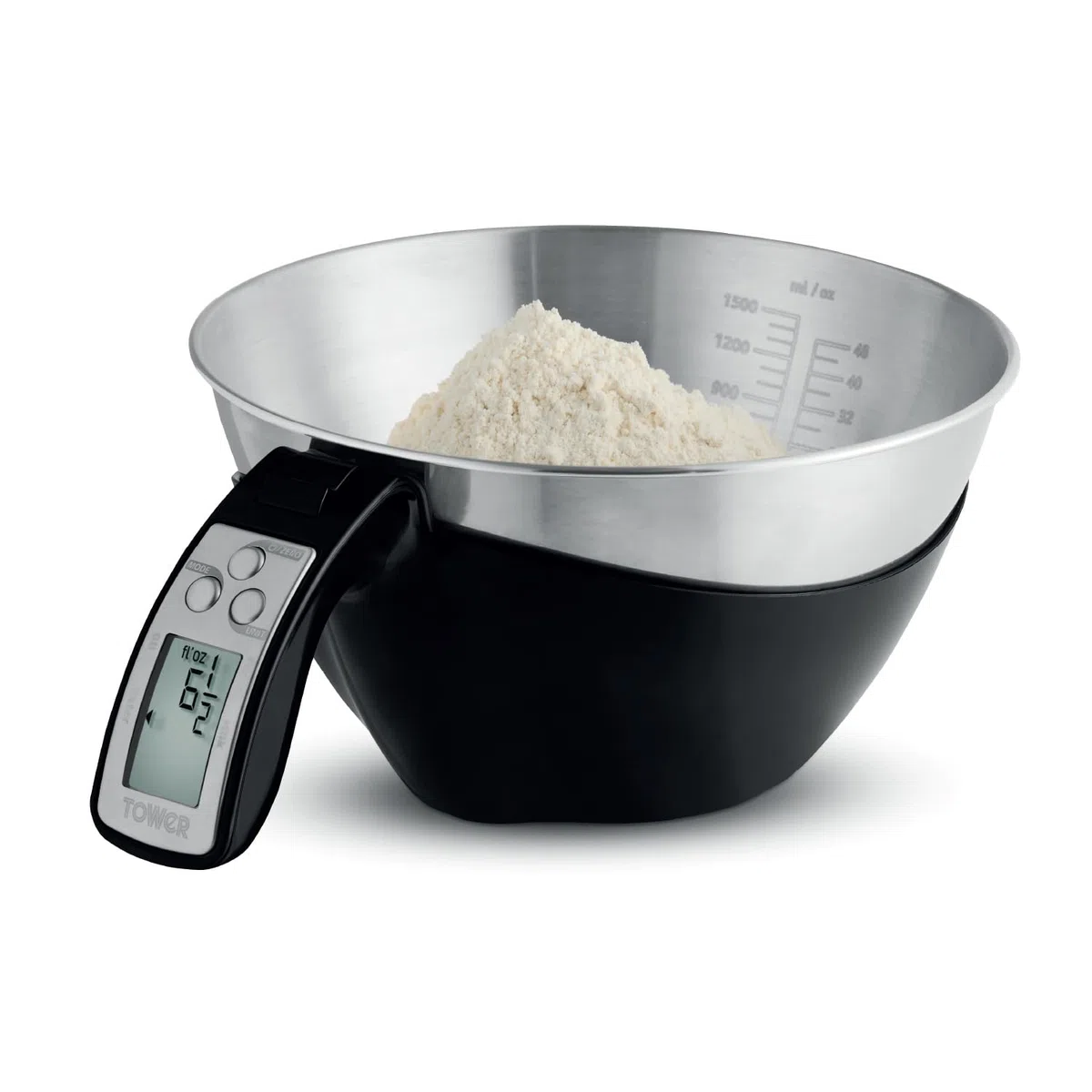 Tower Báscula digital 3 en 1, cuenco de acero inoxidable de 1,5 L, precisión de 1 g, añade y pesa para ingredientes húmedos y secos, modos de peso/volumen convertibles, capacidad de 5 kg, negro