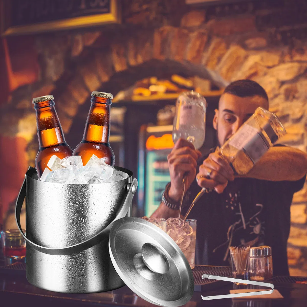 Cubitera de acero inoxidable, cubo de hielo con tapa, pinzas y asa, 2 l, doble pared, aislado para champán, ideal para enfriar cerveza, champán y vino