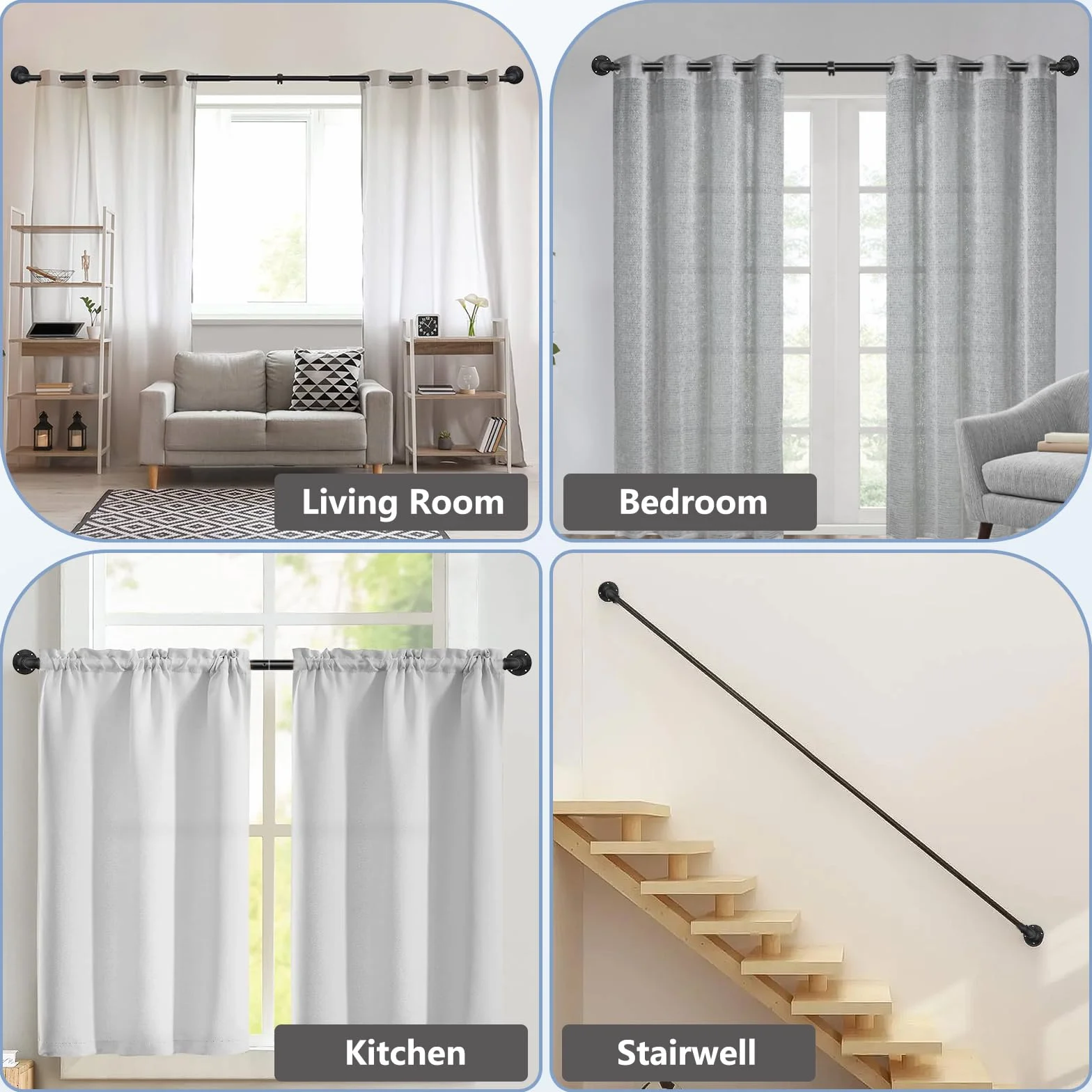 Barra de Cortina Industrial Negra, Barra Cortinas Extensible 88-266cm, Barra Cortina de Paredes y Techos, para Salas de Estar, Dormitorios, Restaurantes.(88-266CM)