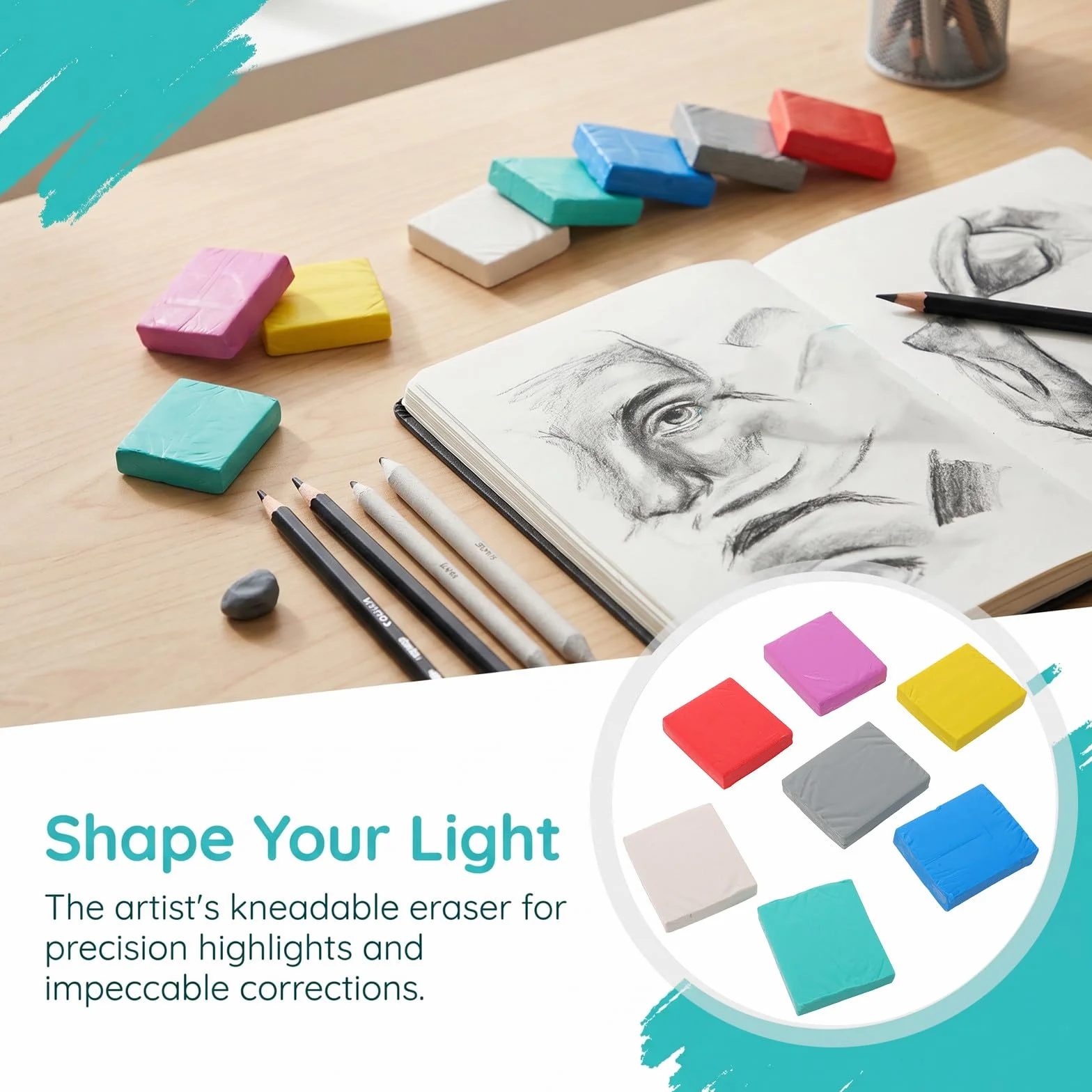 OUNONA 60 gomas de borrar moldeables, suaves y coloridas para arte - Material escolar para artistas, estudiantes, oficina, tareas, exámenes, profesores, dibujo y diseño.