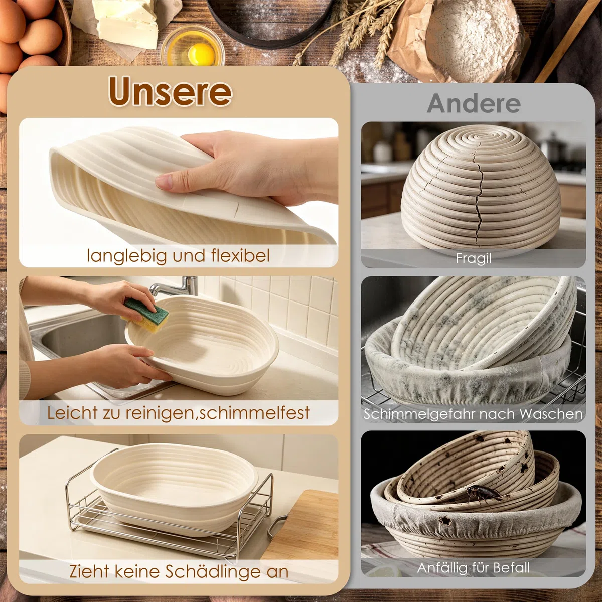 FIVAVA Cesta de Fermentación para Pan, 25 cm Redondas y 24 cm Ovaladas Banneton Cestas para Pan de Silicona,con Cuchillo de pan,Batidor de Masa