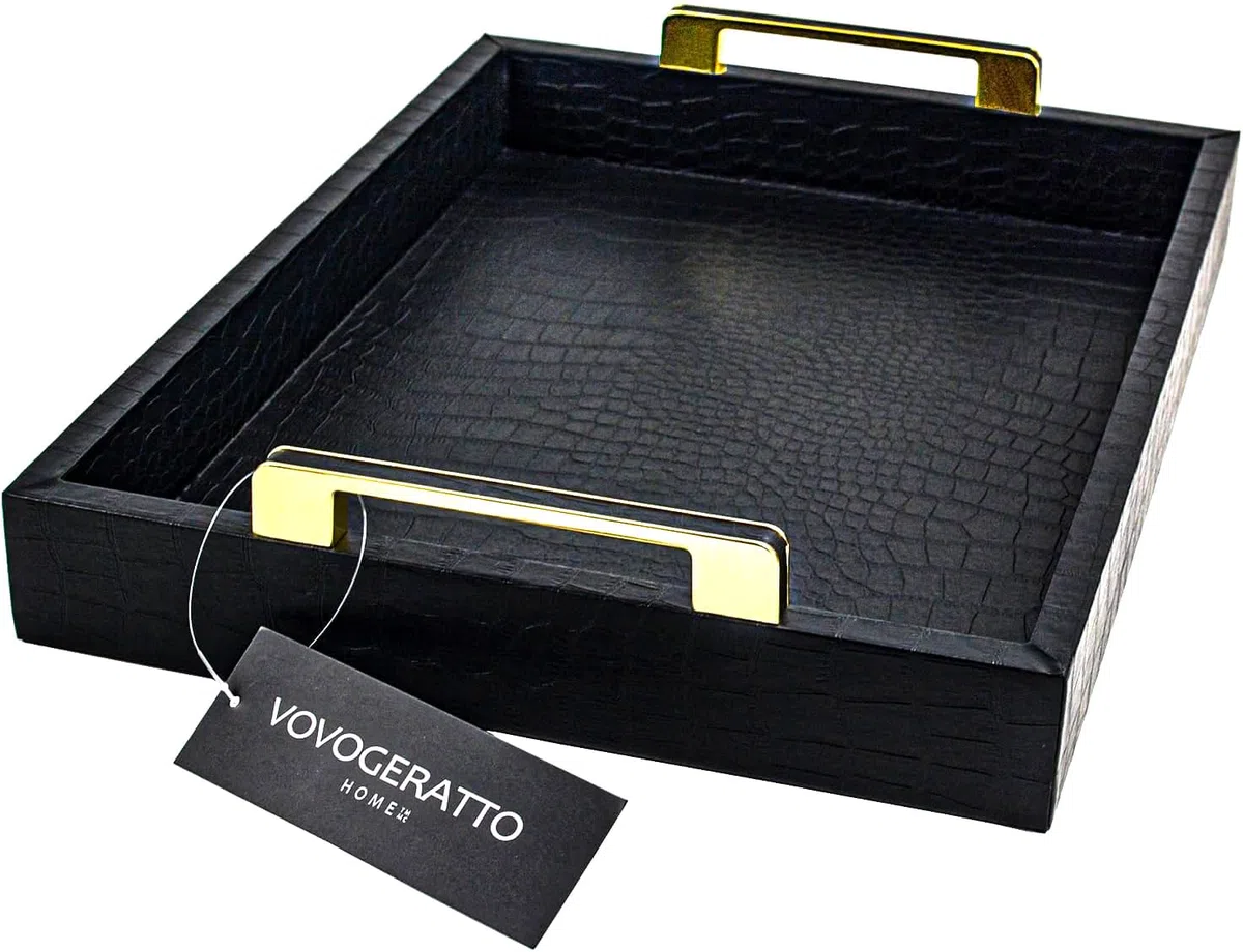 Bandeja de servir negra con asas, bandeja decorativa grande de piel sintética de cocodrilo, mesa de café, bandejas rectangulares otomanas para decoración del hogar, para todas las